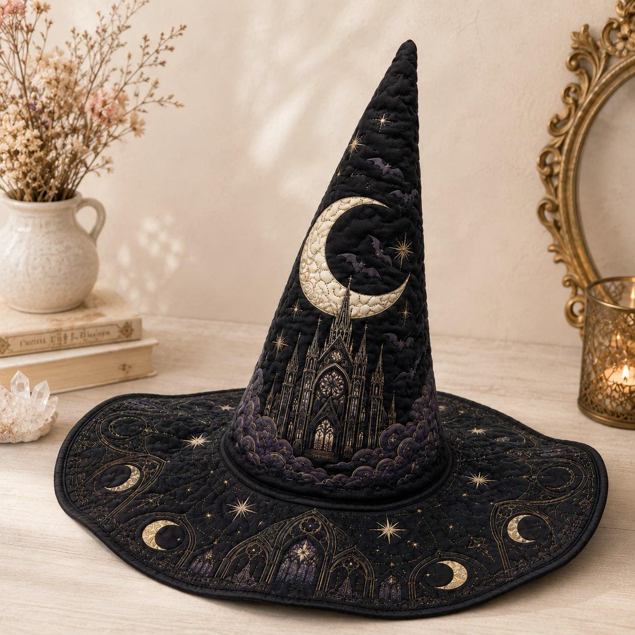 Hat Gothic Witch with Celestial Cathedral and Moon Phase Wizard in Navy Blue Halloween Style for Dark Academia Costume - photo 2