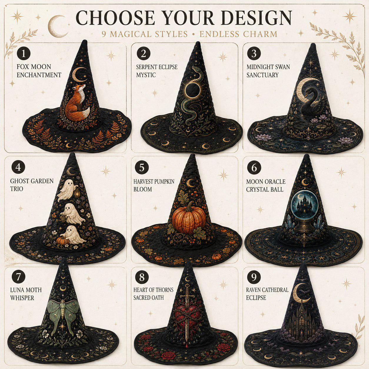Hat Gothic Witch with Celestial Cathedral and Moon Phase Wizard in Navy Blue Halloween Style for Dark Academia Costume - photo 3
