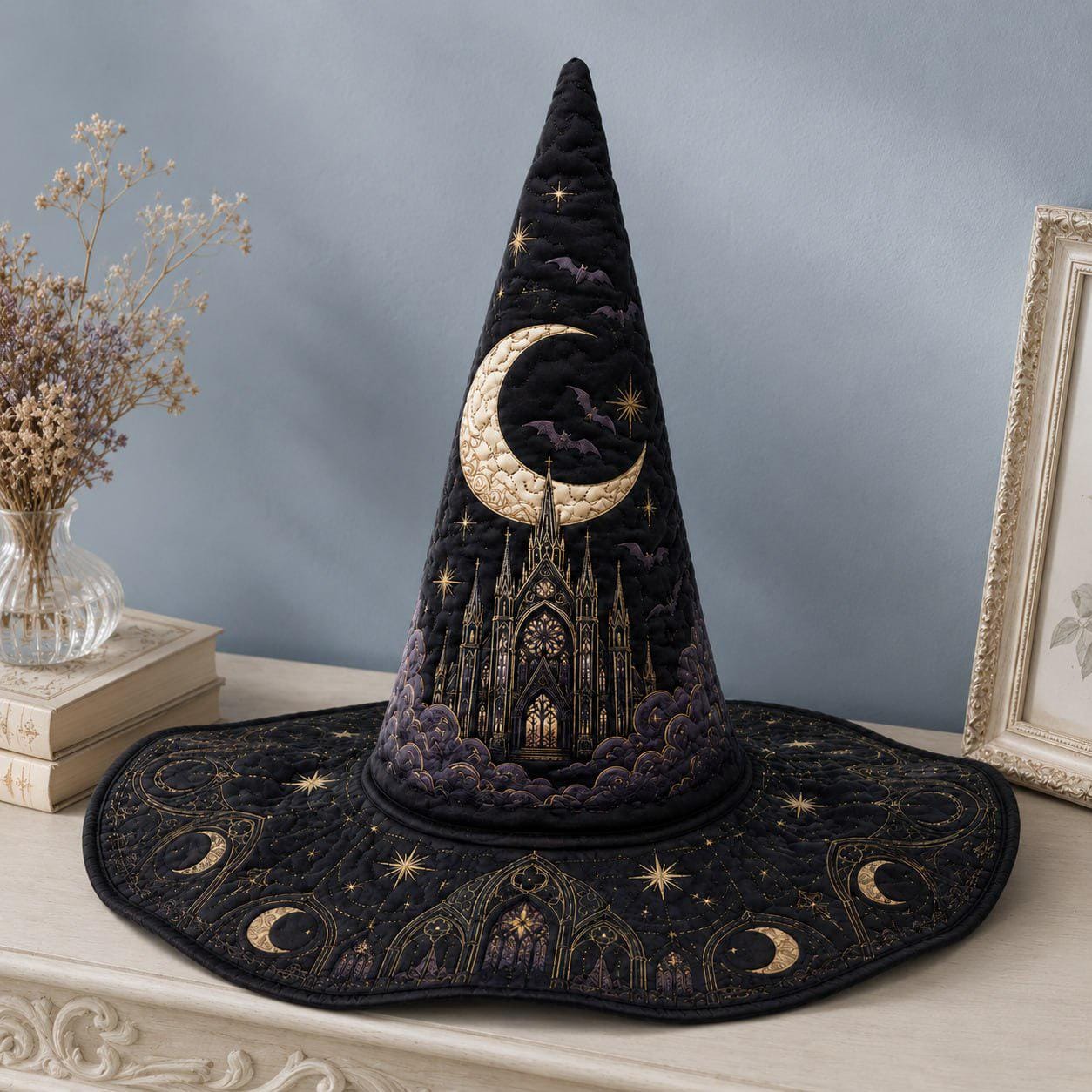 Hat Gothic Witch with Celestial Cathedral and Moon Phase Wizard in Navy Blue Halloween Style for Dark Academia Costume - photo 5