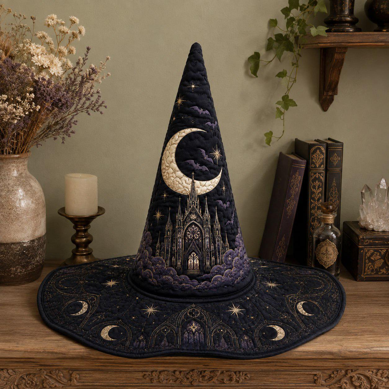 Hat Gothic Witch with Celestial Cathedral and Moon Phase Wizard in Navy Blue Halloween Style for Dark Academia Costume - photo 6