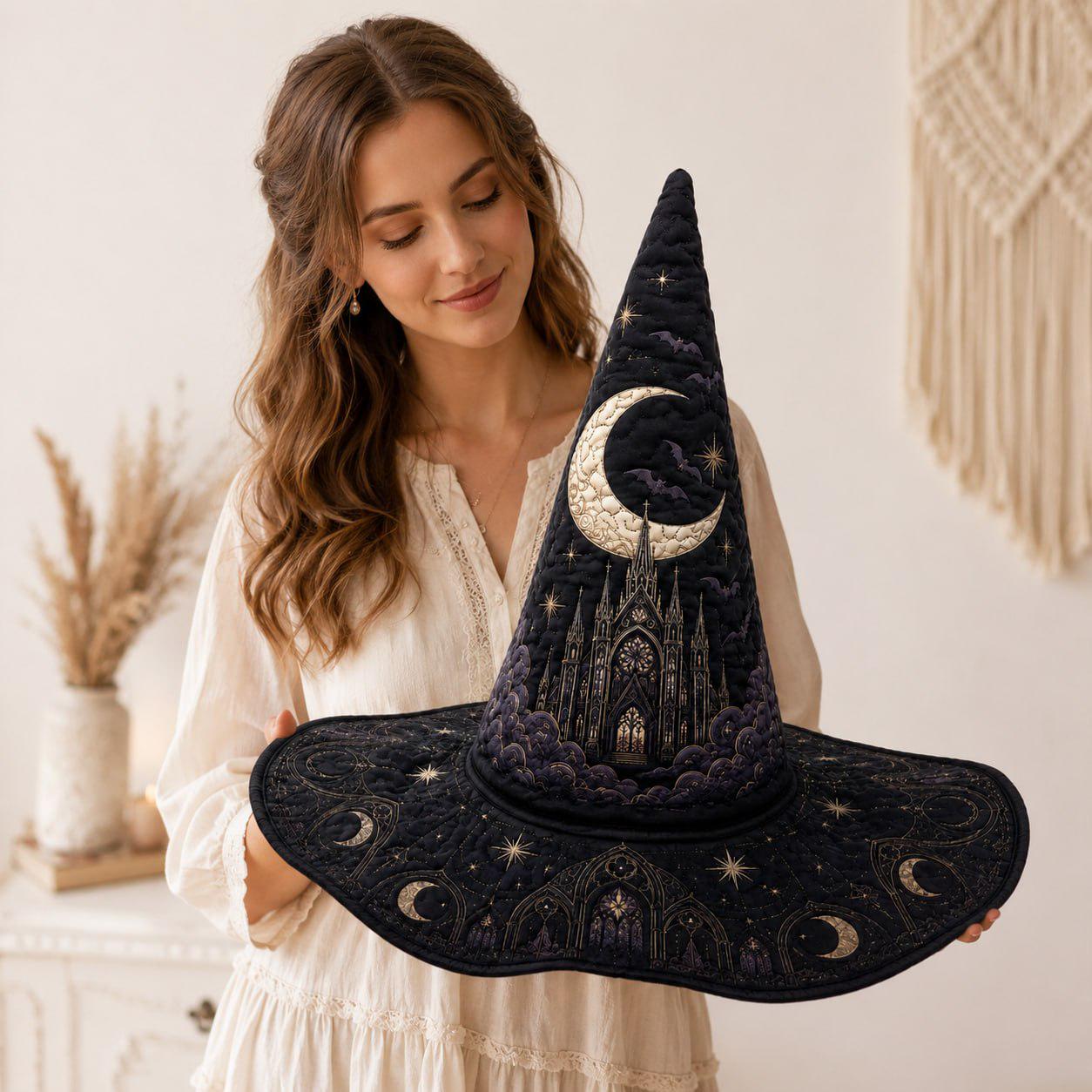 Hat Gothic Witch with Celestial Cathedral and Moon Phase Wizard in Navy Blue Halloween Style for Dark Academia Costume - photo 8