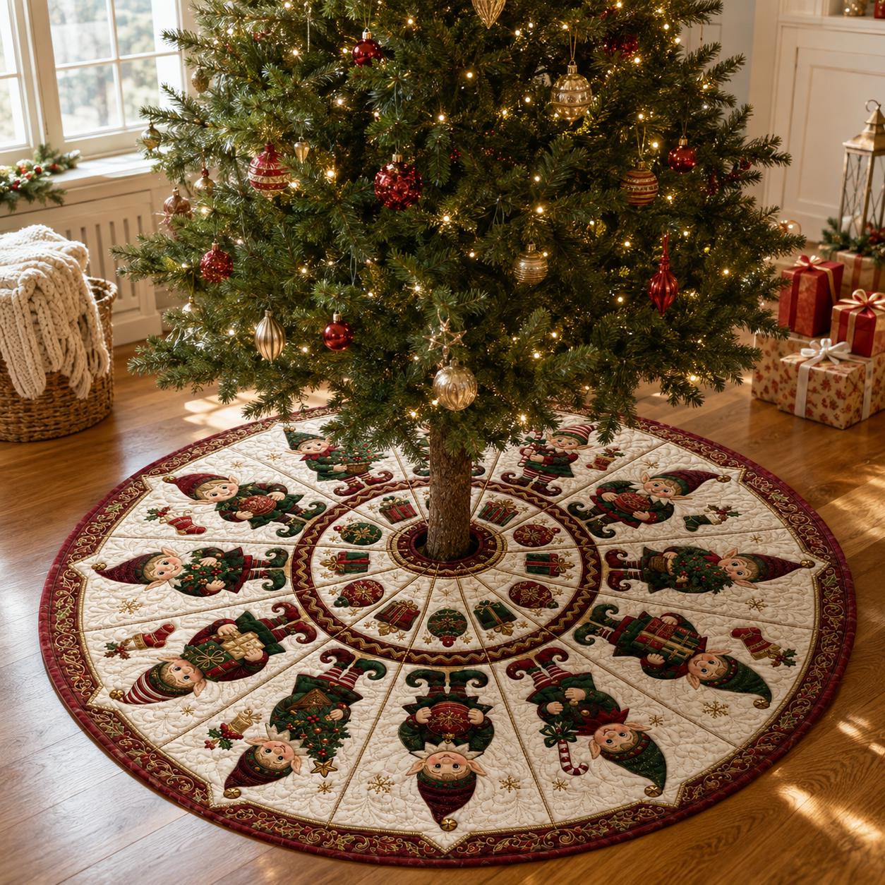 Christmas Tree Skirt – Christmas Elf Holiday Tree Decor and Red Green Festive Home Decor for Quilted Style Tree Mat