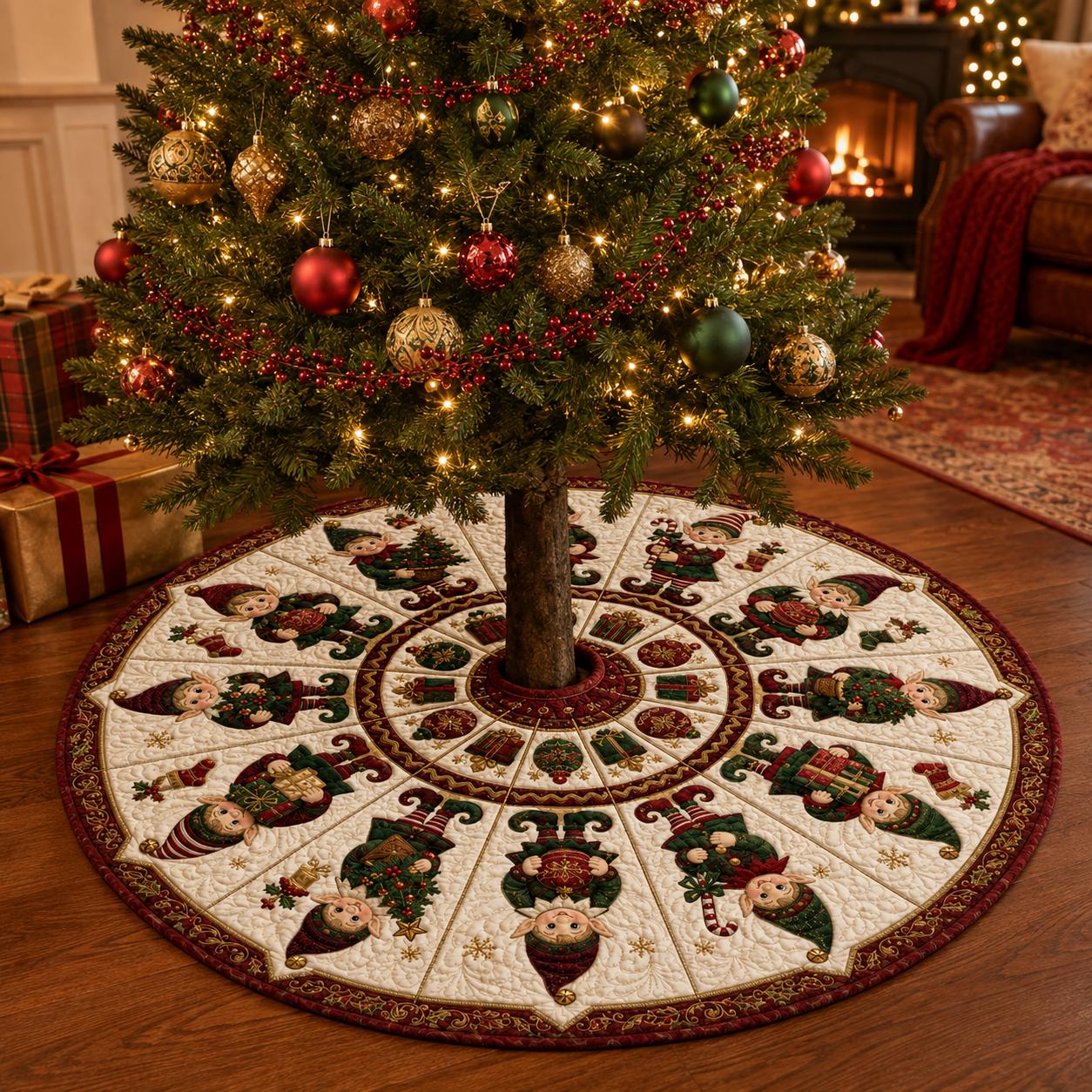 Christmas Tree Skirt – Christmas Elf Holiday Tree Decor and Red Green Festive Home Decor for Quilted Style Tree Mat - photo 2