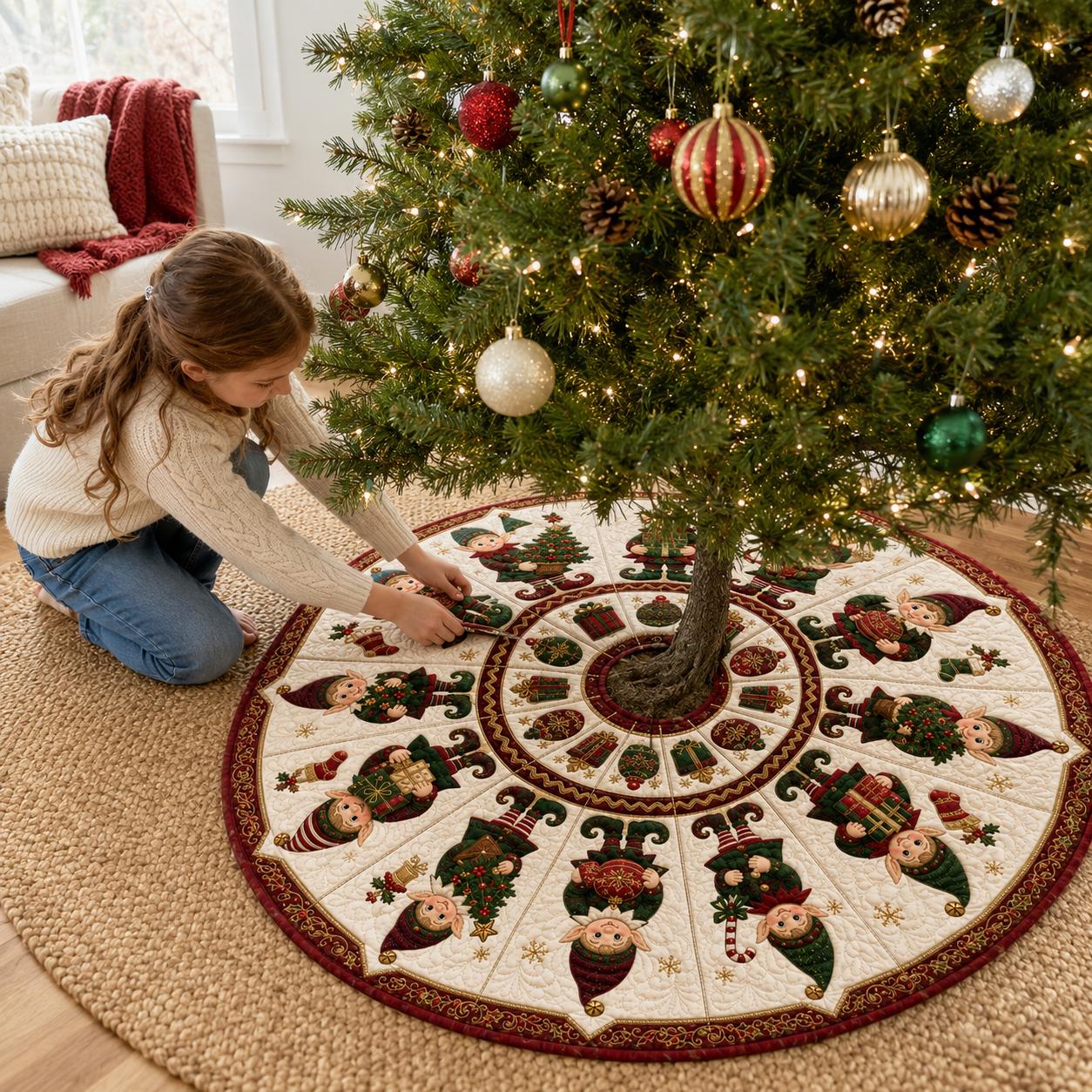 Christmas Tree Skirt – Christmas Elf Holiday Tree Decor and Red Green Festive Home Decor for Quilted Style Tree Mat - photo 3