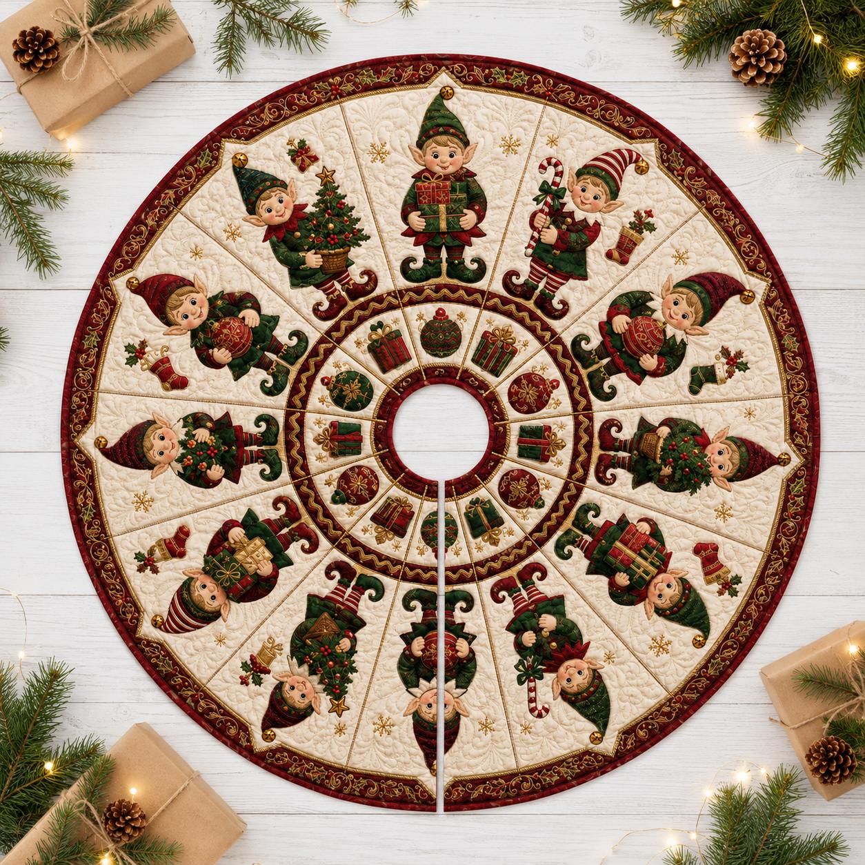 Christmas Tree Skirt – Christmas Elf Holiday Tree Decor and Red Green Festive Home Decor for Quilted Style Tree Mat - photo 4