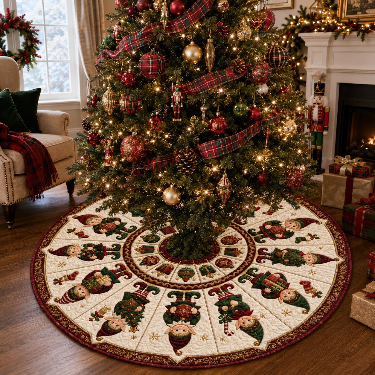 Christmas Tree Skirt – Christmas Elf Holiday Tree Decor and Red Green Festive Home Decor for Quilted Style Tree Mat - photo 5