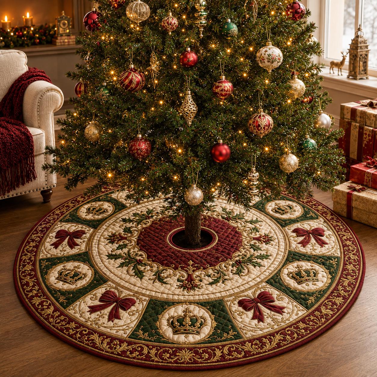Christmas Tree Skirt with Holiday Decor and Bow and Crown Design for Quilted Style Mat