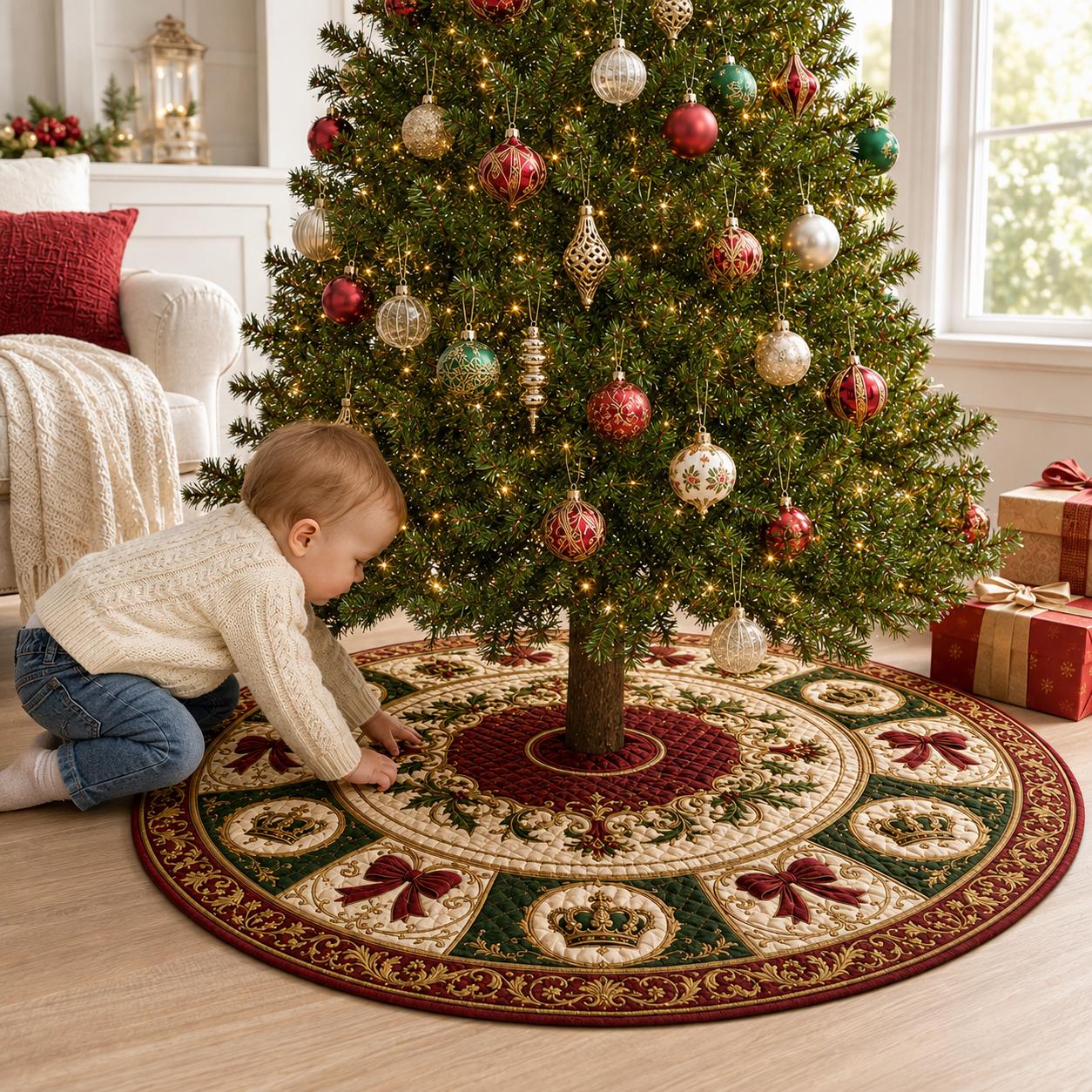 Christmas Tree Skirt with Holiday Decor and Bow and Crown Design for Quilted Style Mat - photo 2