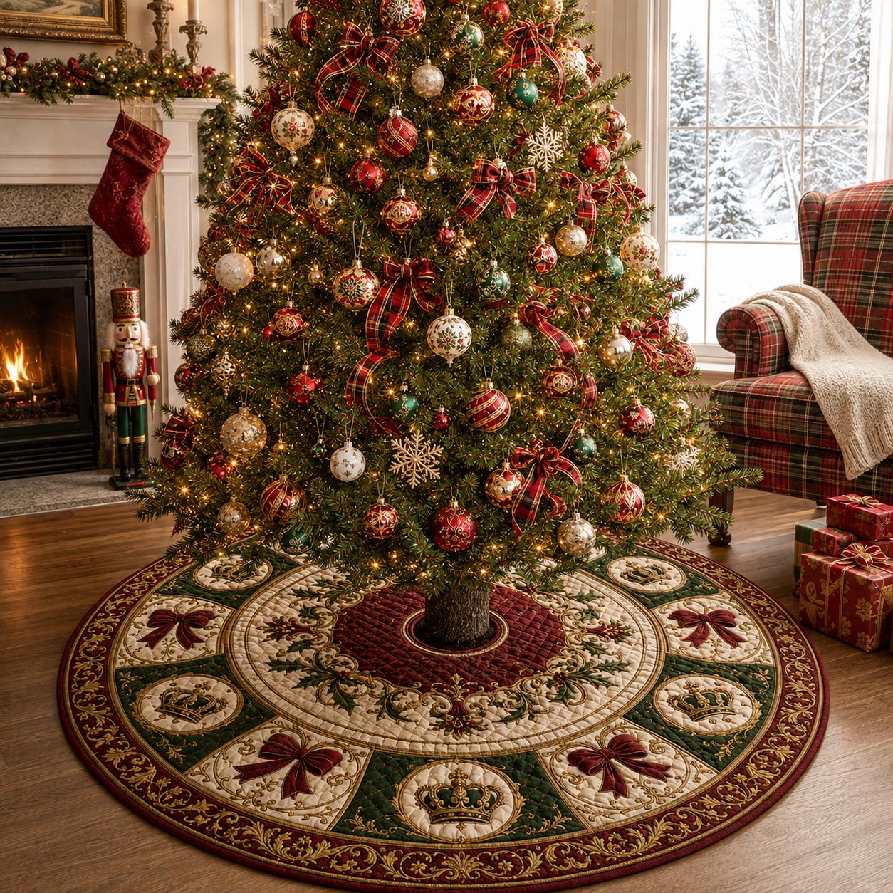 Christmas Tree Skirt with Holiday Decor and Bow and Crown Design for Quilted Style Mat - photo 3