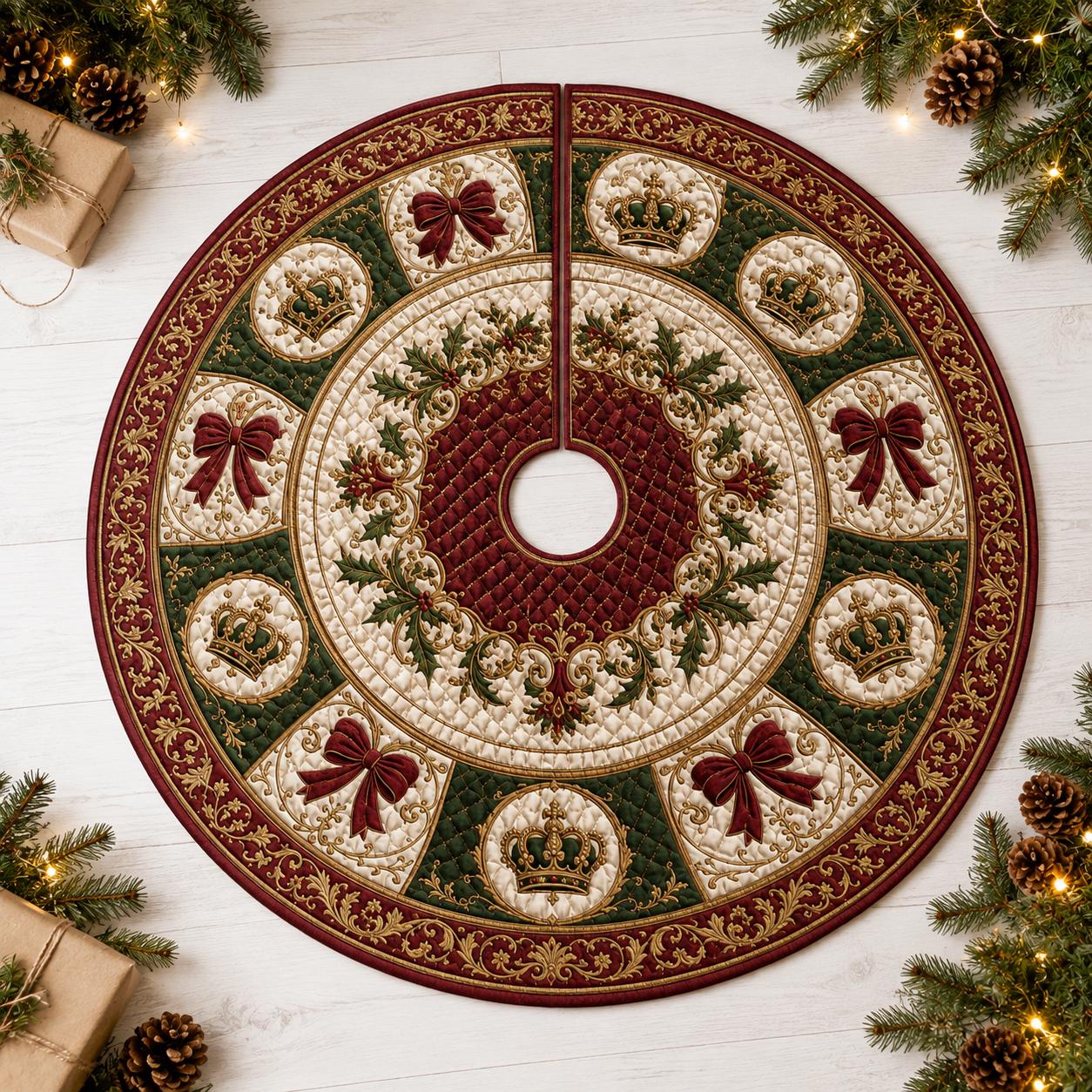 Christmas Tree Skirt with Holiday Decor and Bow and Crown Design for Quilted Style Mat - photo 4
