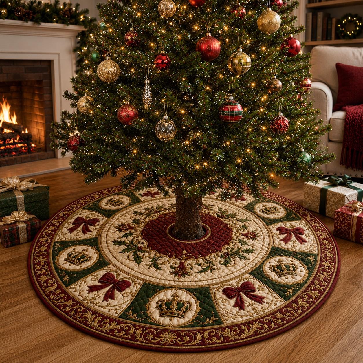 Christmas Tree Skirt with Holiday Decor and Bow and Crown Design for Quilted Style Mat - photo 5