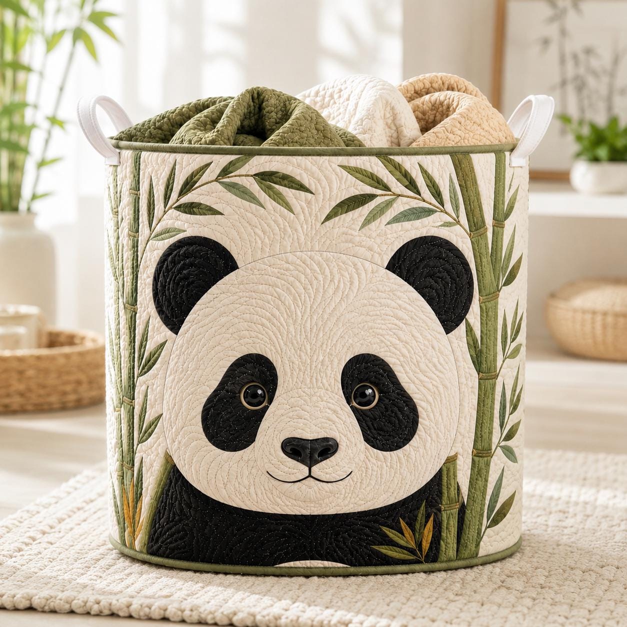 Cute Animal Quilt Style Panda Laundry Basket and Bamboo Storage Bin, Nursery Bedroom Organizer Decor