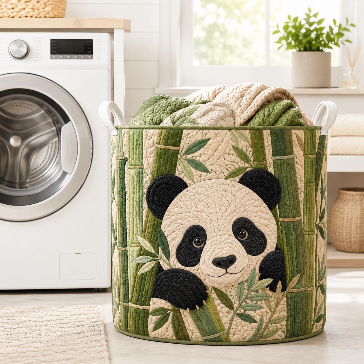 Cute Animal Quilt Style Panda Laundry Basket and Bamboo Storage Bin, Nursery Bedroom Organizer Decor - photo 2