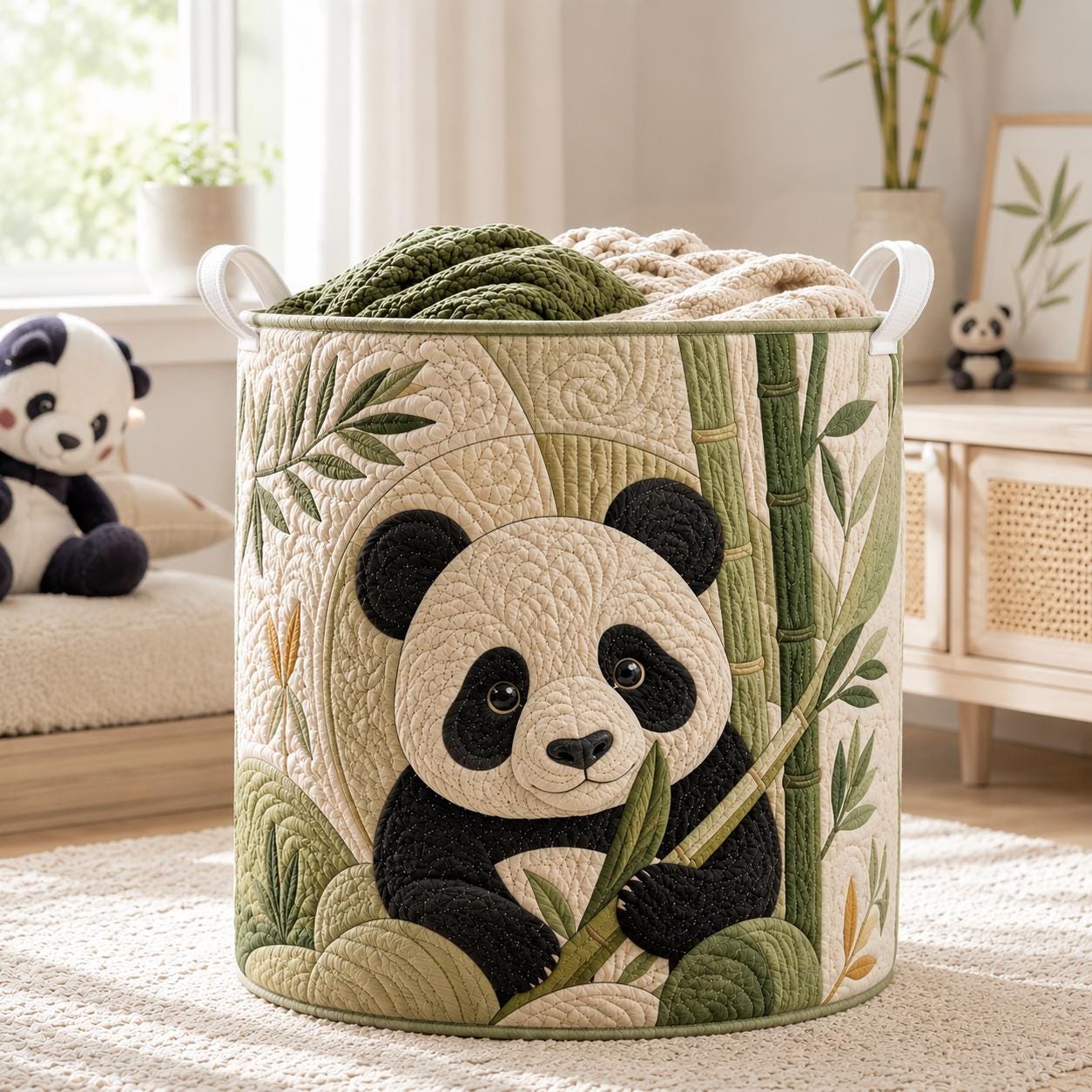 Cute Animal Quilt Style Panda Laundry Basket and Bamboo Storage Bin, Nursery Bedroom Organizer Decor - photo 3