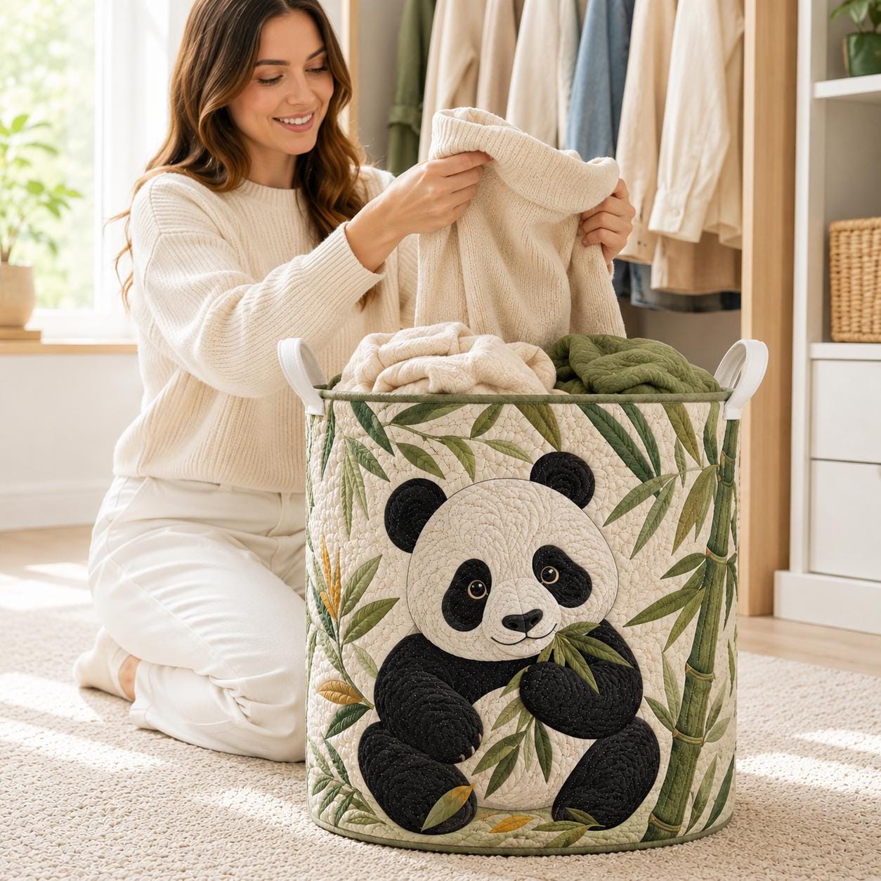 Cute Animal Quilt Style Panda Laundry Basket and Bamboo Storage Bin, Nursery Bedroom Organizer Decor - photo 7
