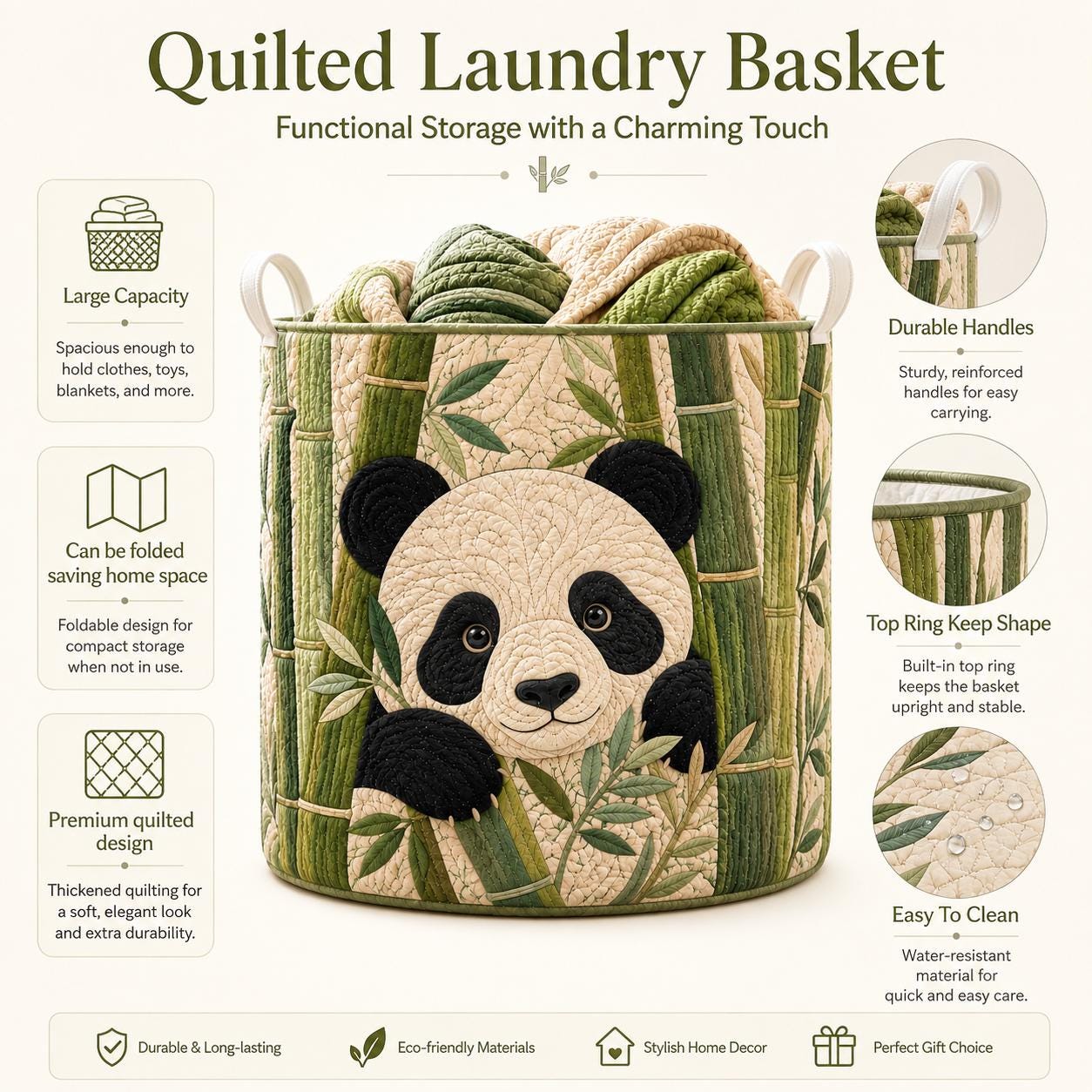 Cute Animal Quilt Style Panda Laundry Basket and Bamboo Storage Bin, Nursery Bedroom Organizer Decor - photo 8