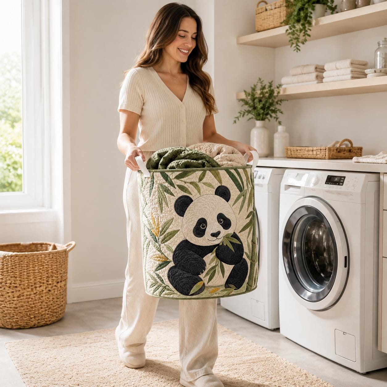 Cute Animal Quilt Style Panda Laundry Basket and Bamboo Storage Bin, Nursery Bedroom Organizer Decor - photo 9