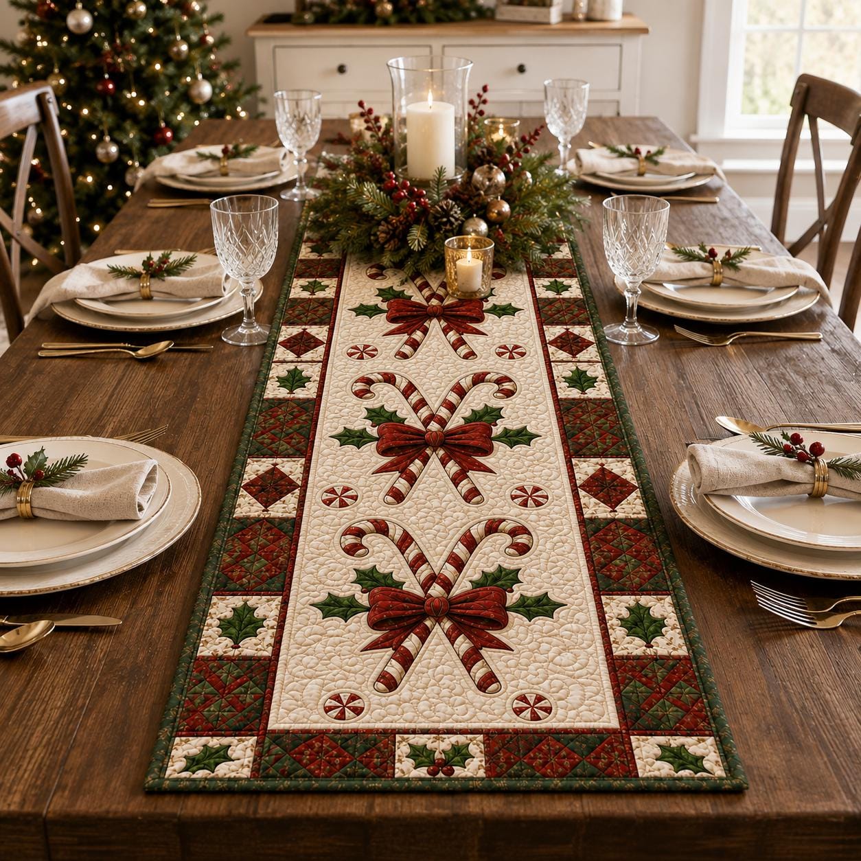 Farmhouse Christmas Candy Cane Quilted Style Table Runner, Holiday Table Decor and Christmas Runner