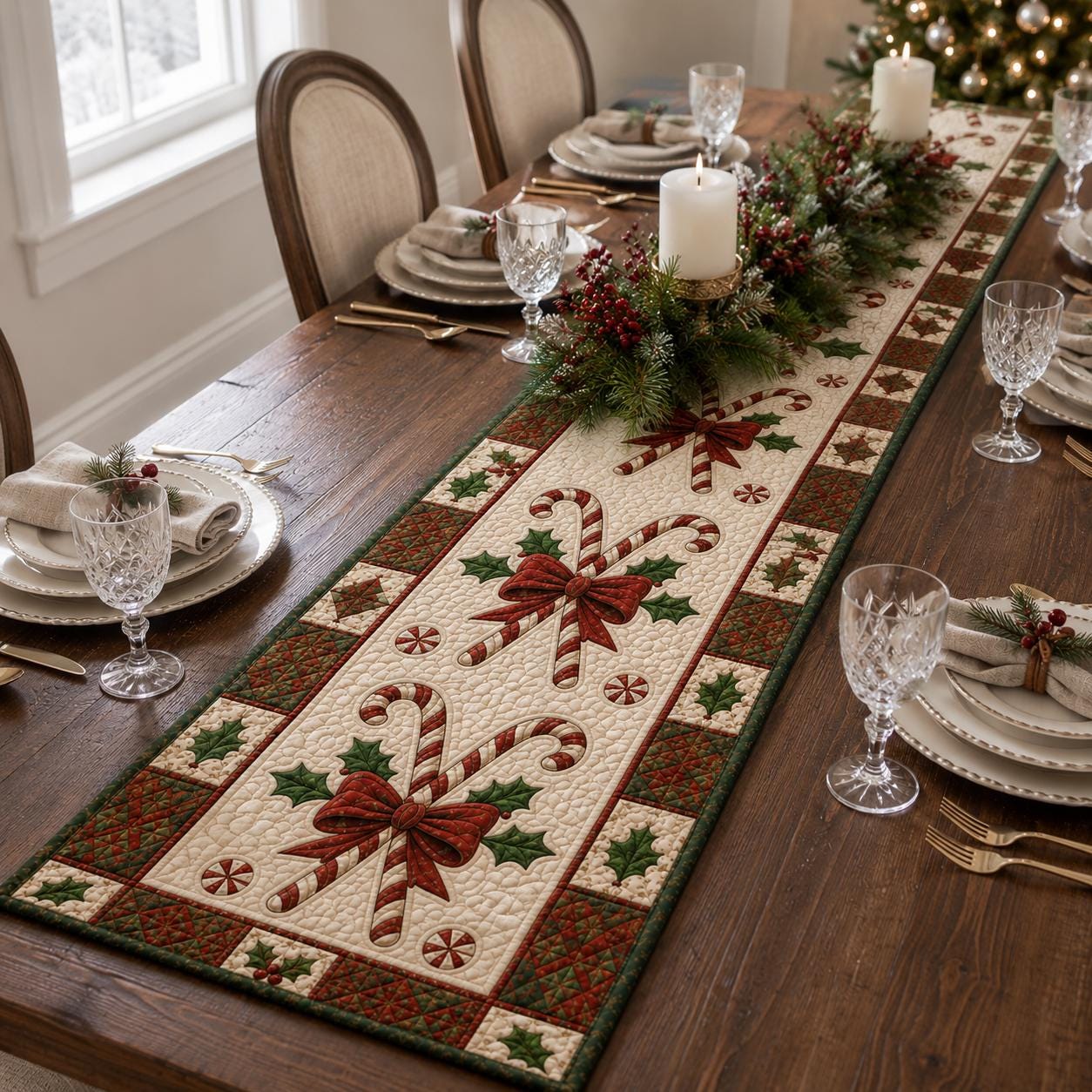 Farmhouse Christmas Candy Cane Quilted Style Table Runner, Holiday Table Decor and Christmas Runner - photo 2