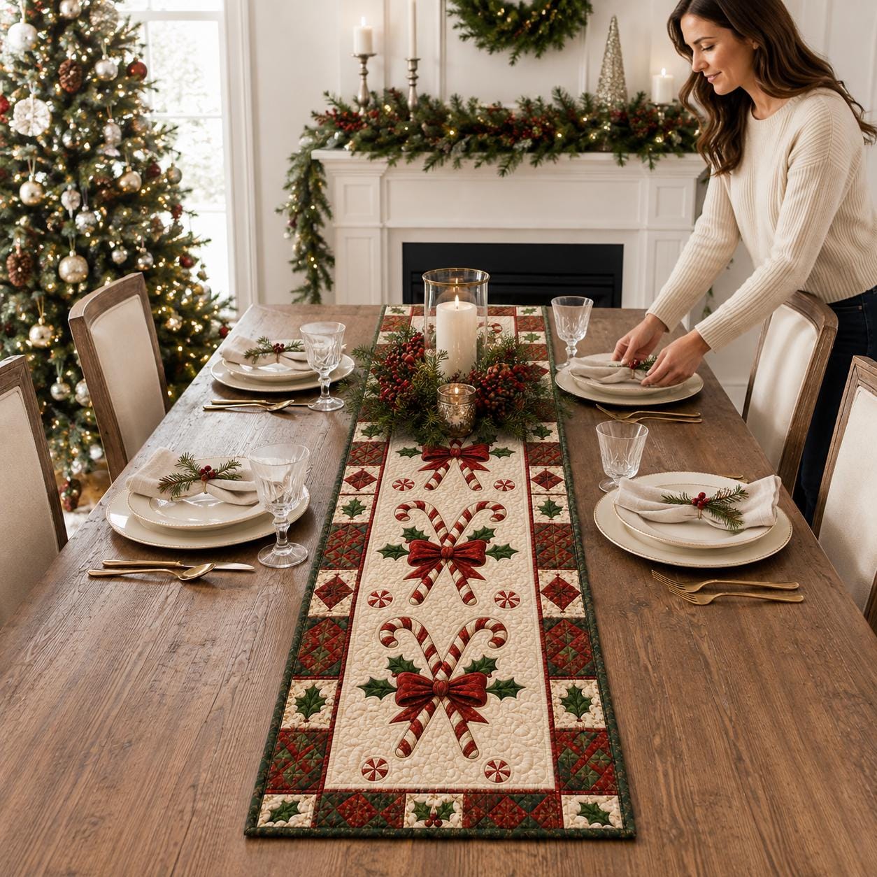 Farmhouse Christmas Candy Cane Quilted Style Table Runner, Holiday Table Decor and Christmas Runner - photo 4