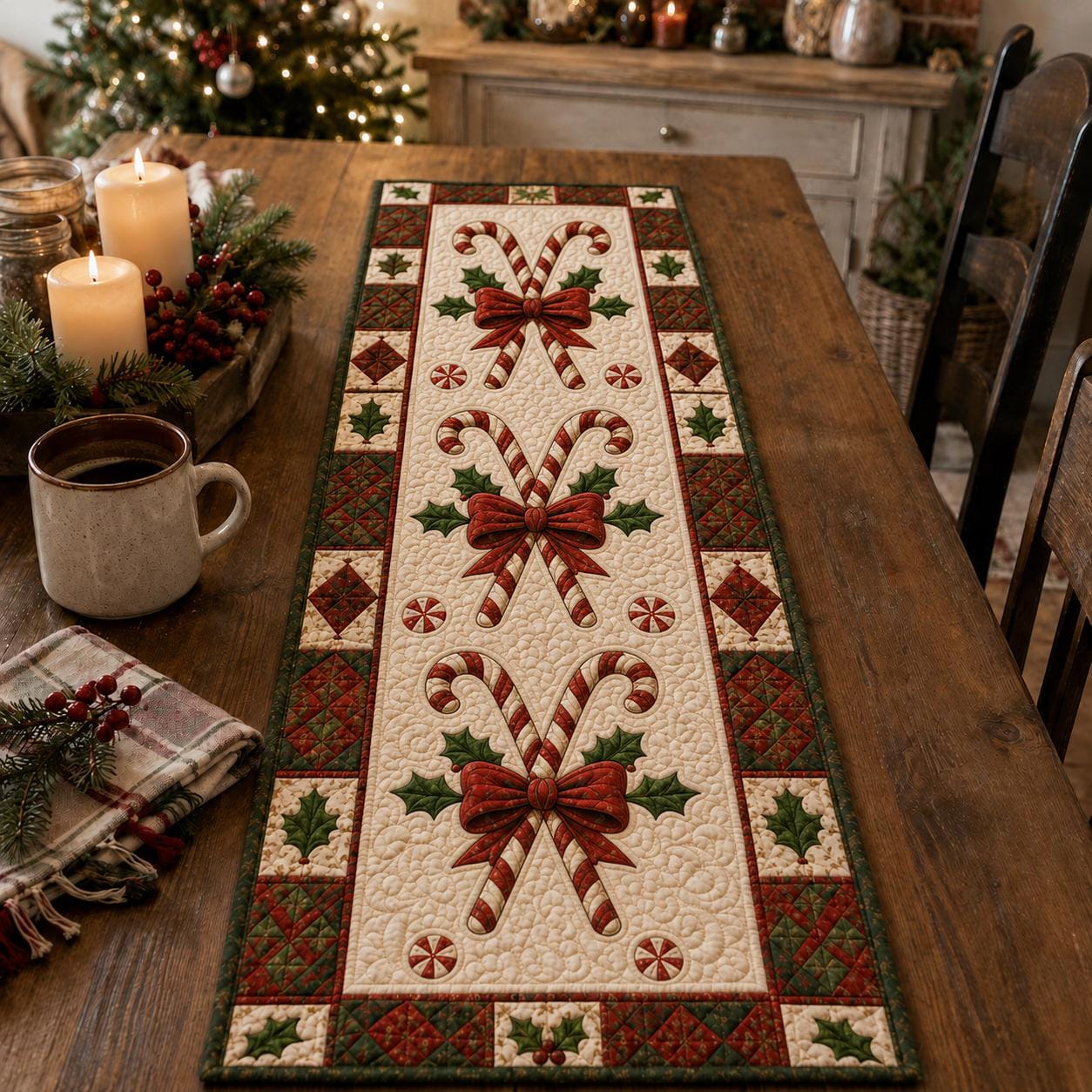 Farmhouse Christmas Candy Cane Quilted Style Table Runner, Holiday Table Decor and Christmas Runner - photo 5