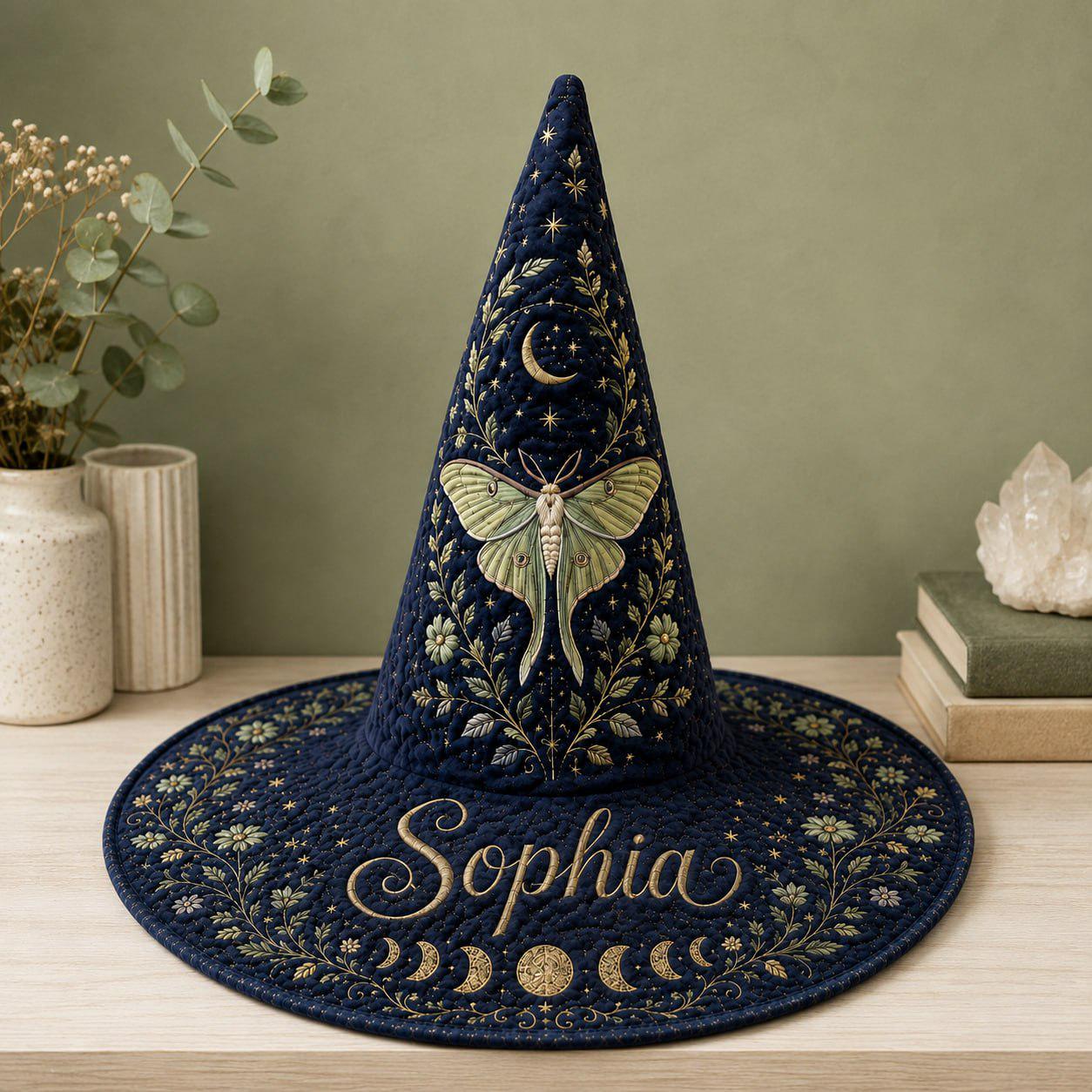 Personalized Witch Hat β Luna Moth Custom Name Wizard Hat for Navy Blue Celestial Cottagecore Halloween Hat