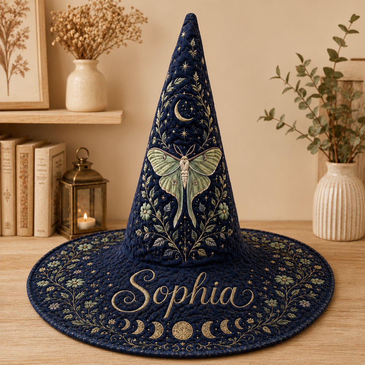 Personalized Witch Hat – Luna Moth Custom Name Wizard Hat for Navy Blue Celestial Cottagecore Halloween Hat - photo 2
