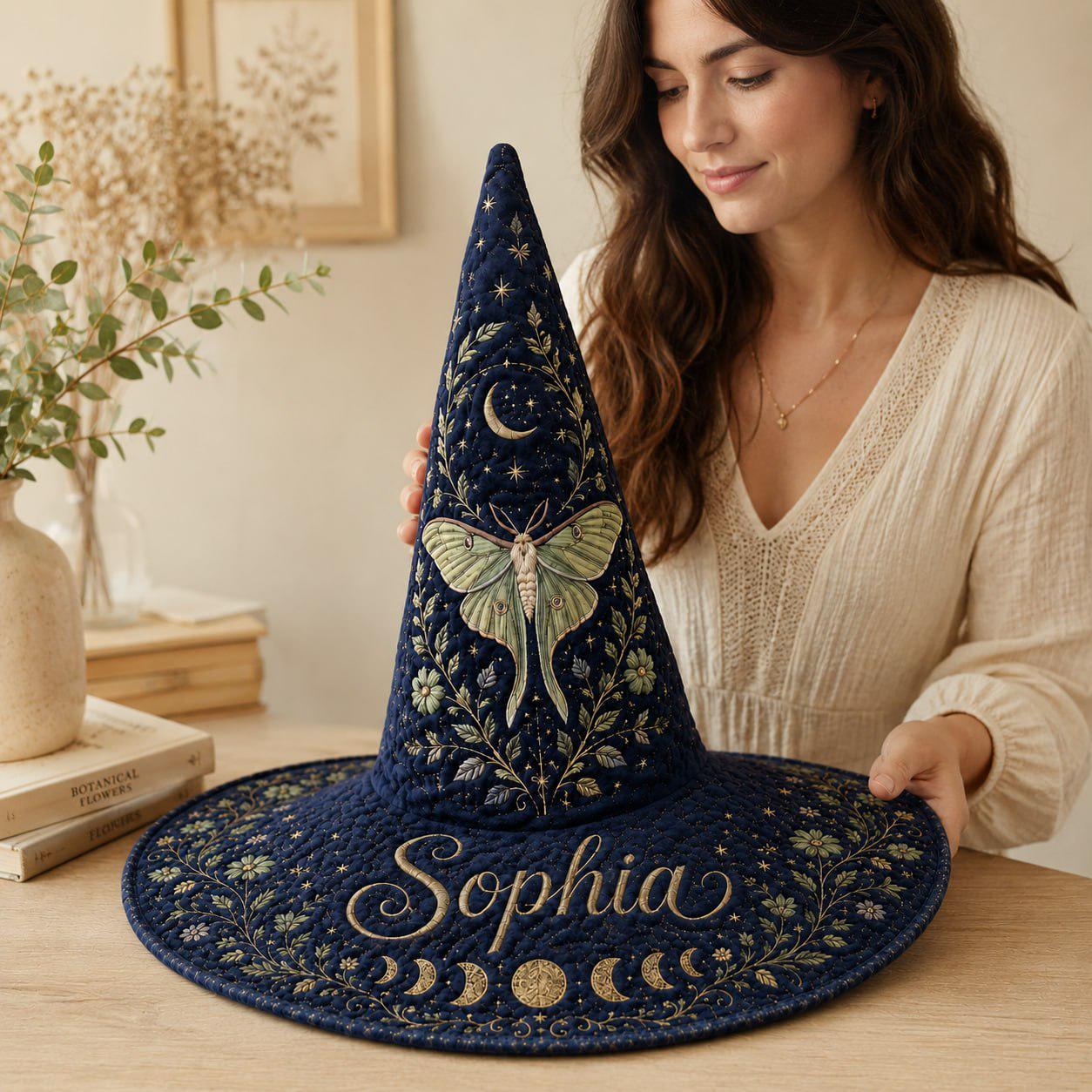 Personalized Witch Hat – Luna Moth Custom Name Wizard Hat for Navy Blue Celestial Cottagecore Halloween Hat - photo 3