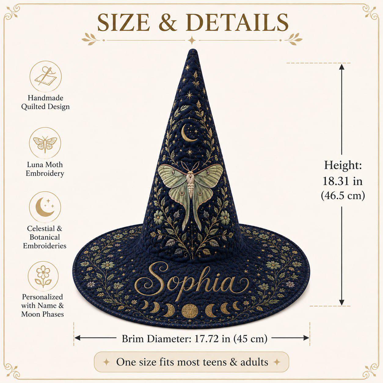 Personalized Witch Hat – Luna Moth Custom Name Wizard Hat for Navy Blue Celestial Cottagecore Halloween Hat - photo 4