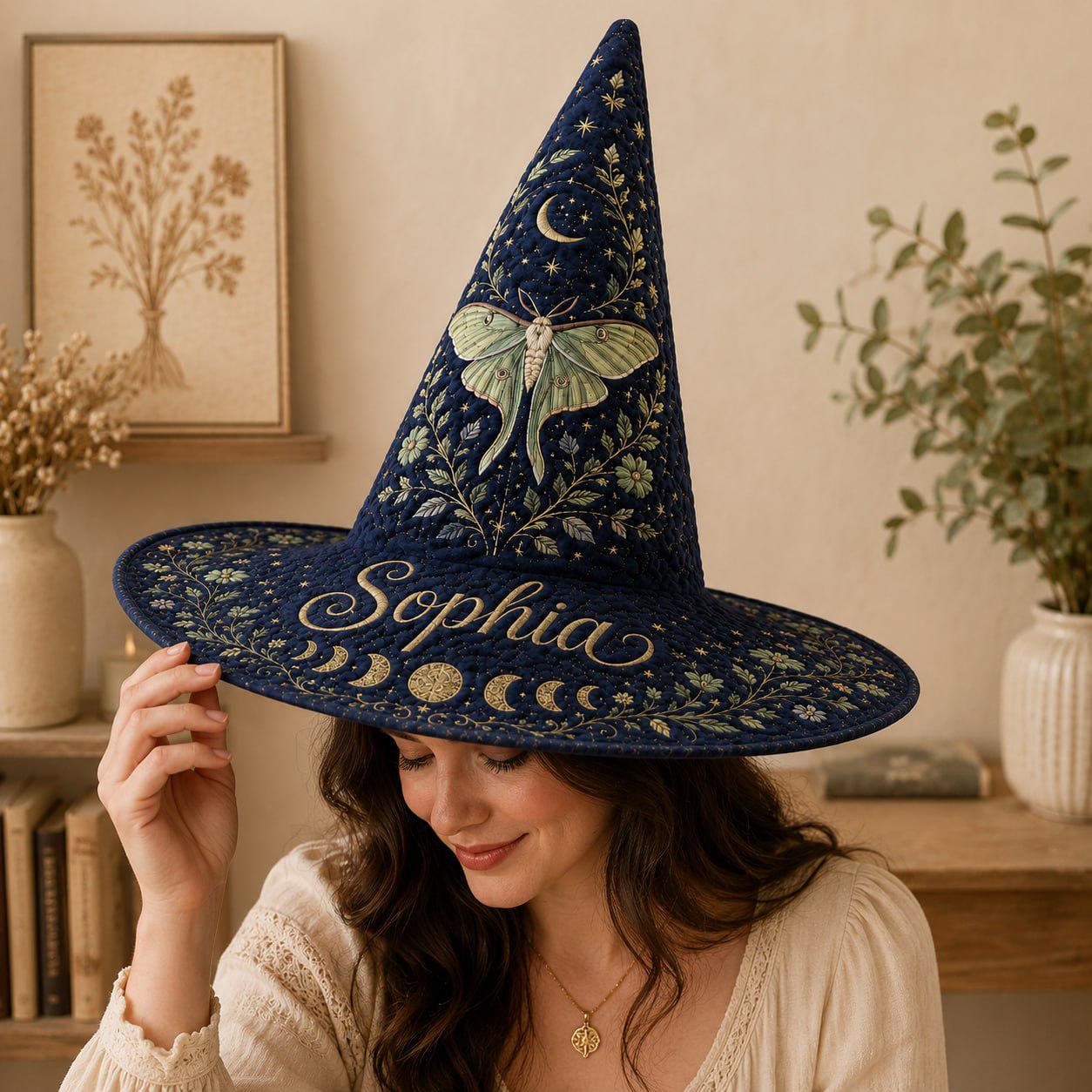 Personalized Witch Hat – Luna Moth Custom Name Wizard Hat for Navy Blue Celestial Cottagecore Halloween Hat - photo 5