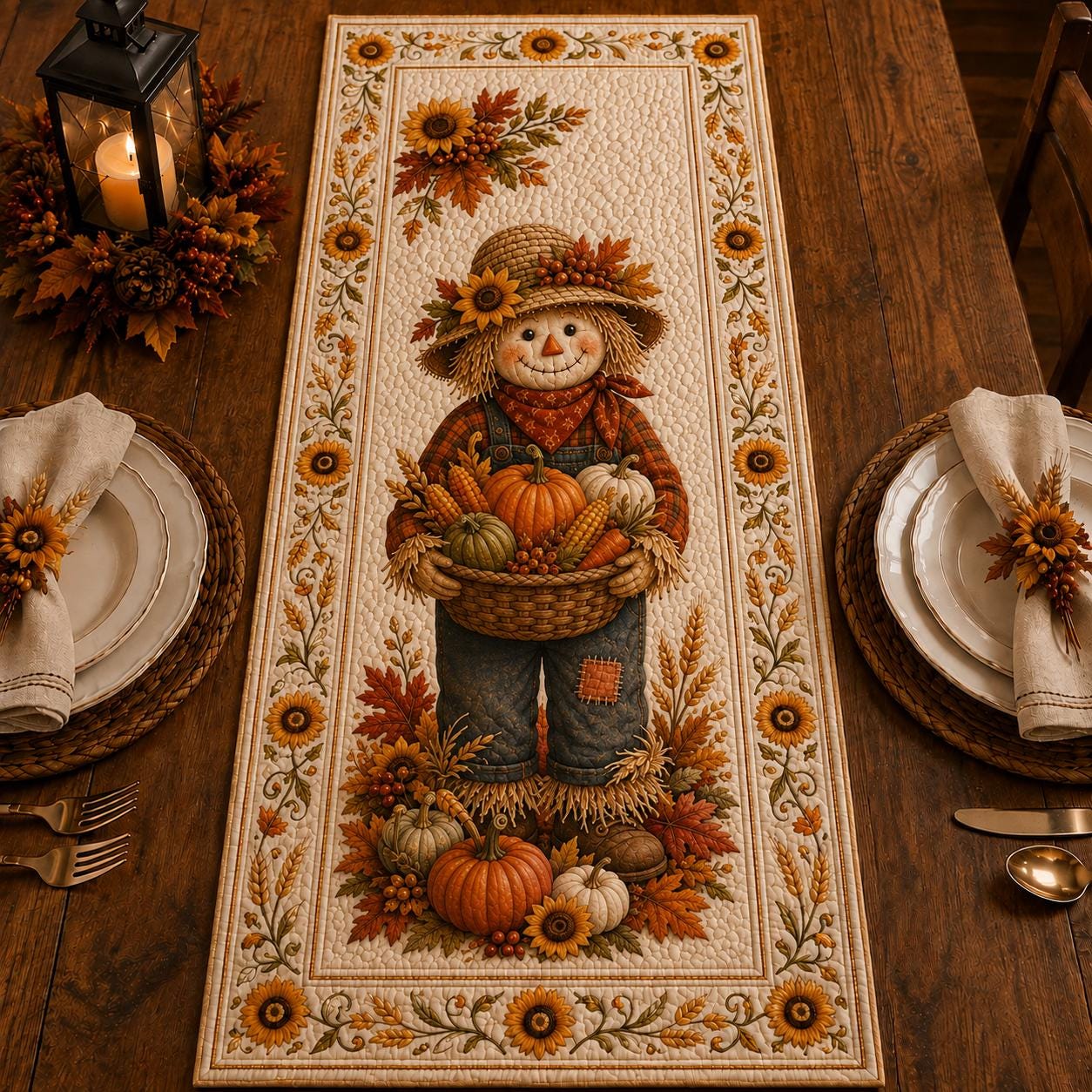 Autumn Scarecrow Floral Pumpkins Table Runner for Rustic Farmhouse Thanksgiving Quilted-Style Decor