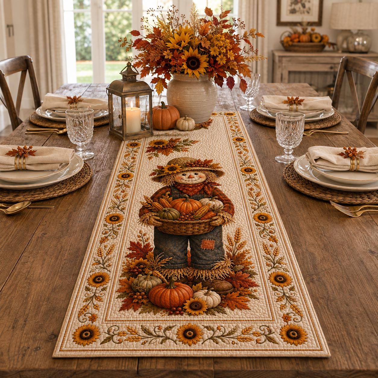 Autumn Scarecrow Floral Pumpkins Table Runner for Rustic Farmhouse Thanksgiving Quilted-Style Decor - photo 2
