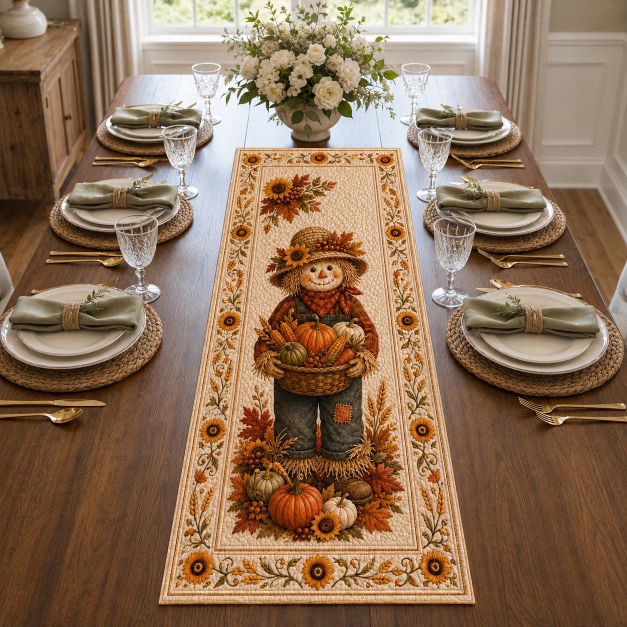 Autumn Scarecrow Floral Pumpkins Table Runner for Rustic Farmhouse Thanksgiving Quilted-Style Decor - photo 4