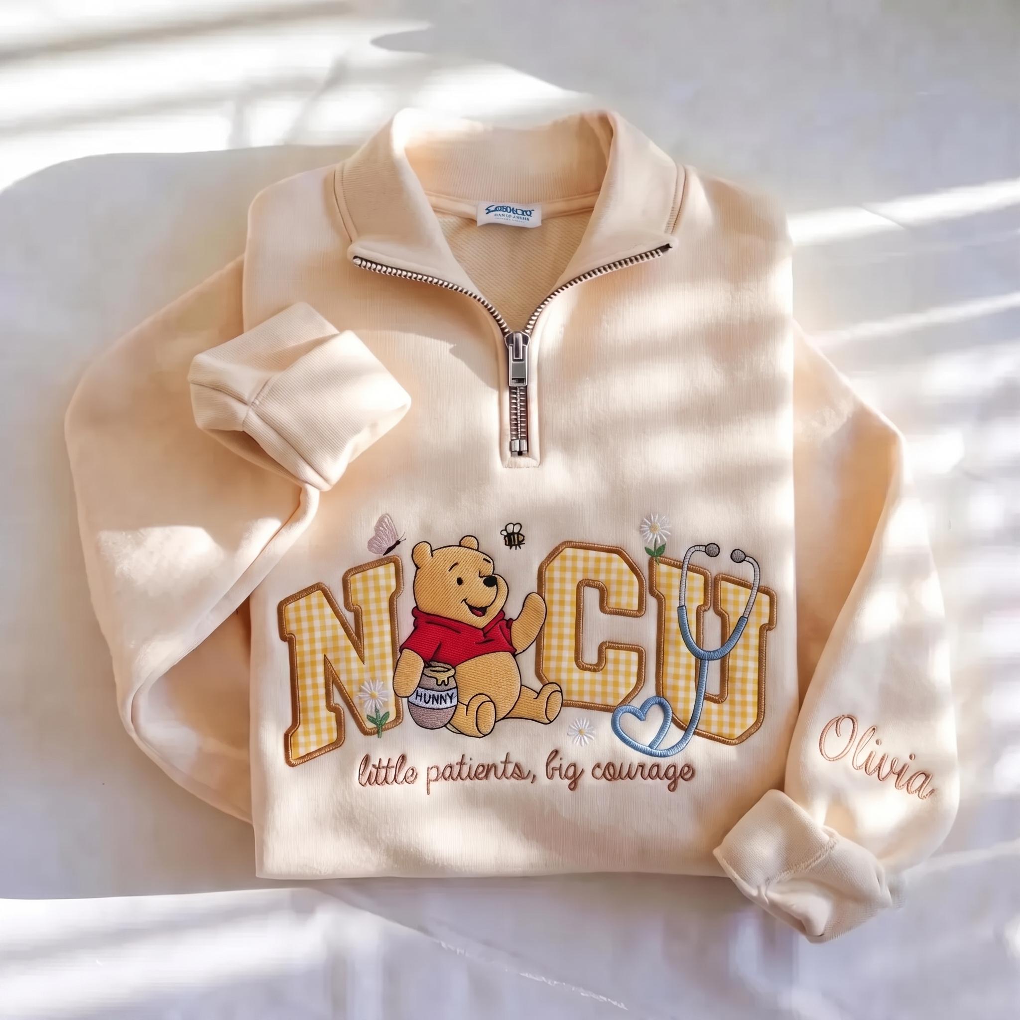 Disney NICU Embroidered Quarter Zip and Winnie Pooh Inspired Sweatshirt – Personalized Name Pullover for Little Patients Big Courage Gift