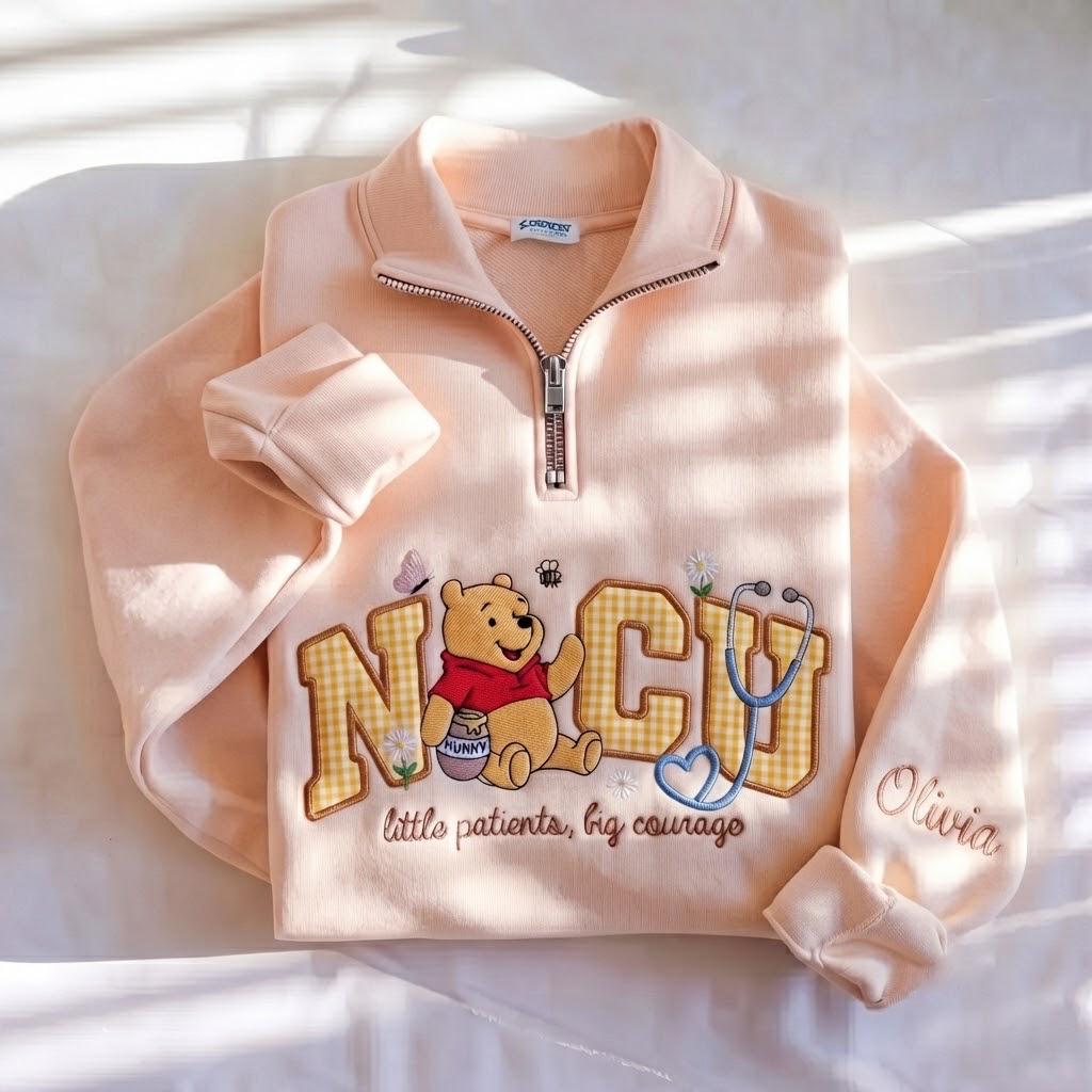 Disney NICU Embroidered Quarter Zip and Winnie Pooh Inspired Sweatshirt – Personalized Name Pullover for Little Patients Big Courage Gift - photo 2