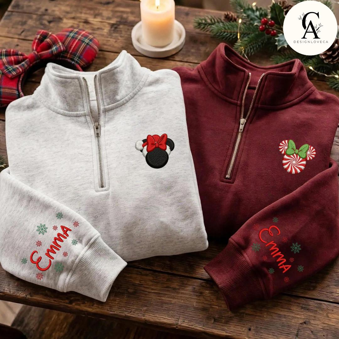 Personalized Embroidered Disney Christmas Quarter Zip Sweatshirt – Minnie and Mickey's Very Merry Christmas Party Lace Trim Tank Top