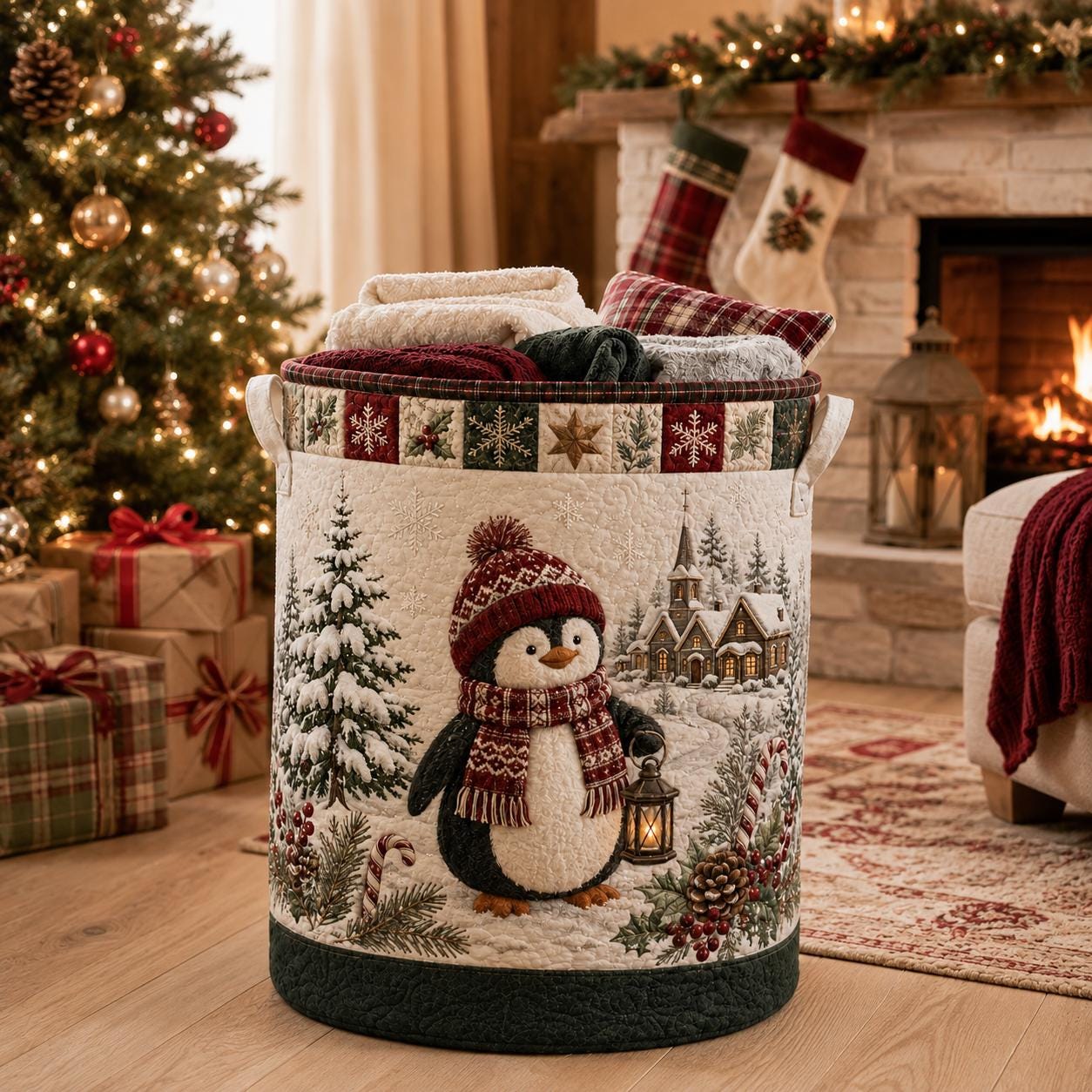Quilted Style Christmas Penguin Winter Laundry Basket and Storage Hamper, Holiday Bedroom Organizer Bin