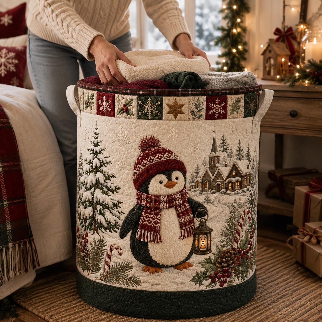 Quilted Style Christmas Penguin Winter Laundry Basket and Storage Hamper, Holiday Bedroom Organizer Bin - photo 2