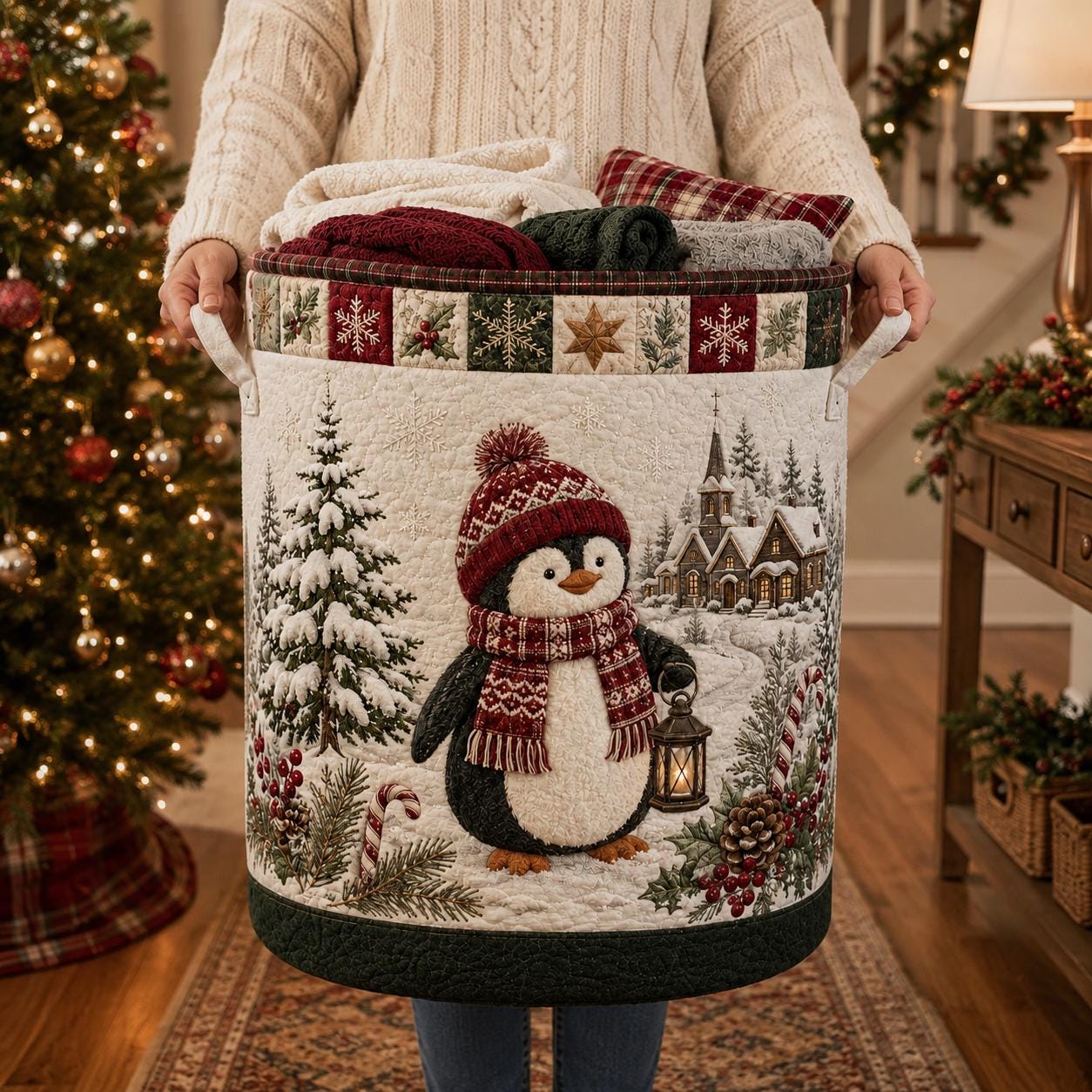 Quilted Style Christmas Penguin Winter Laundry Basket and Storage Hamper, Holiday Bedroom Organizer Bin - photo 4