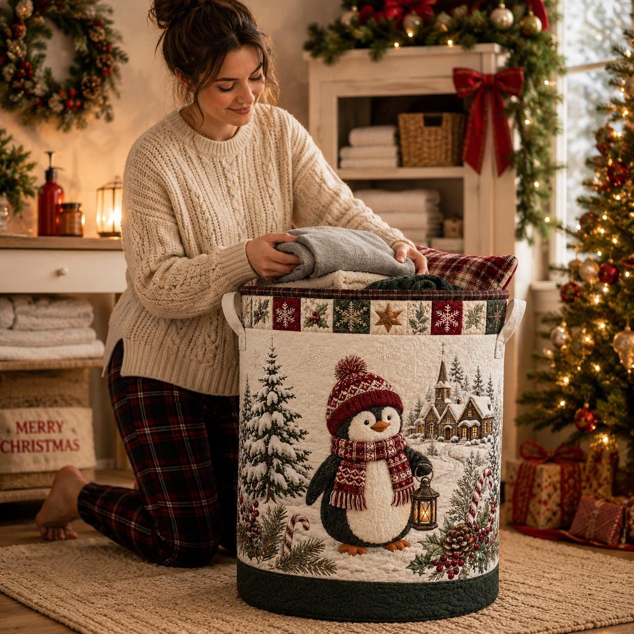 Quilted Style Christmas Penguin Winter Laundry Basket and Storage Hamper, Holiday Bedroom Organizer Bin - photo 5