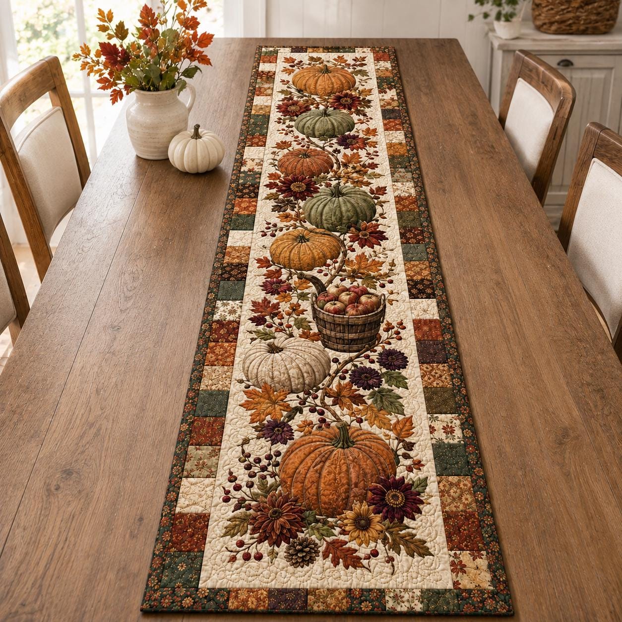 Quilted Style Pumpkin Table Runner for Autumn Harvest Decor, Rustic Farmhouse Thanksgiving Gift