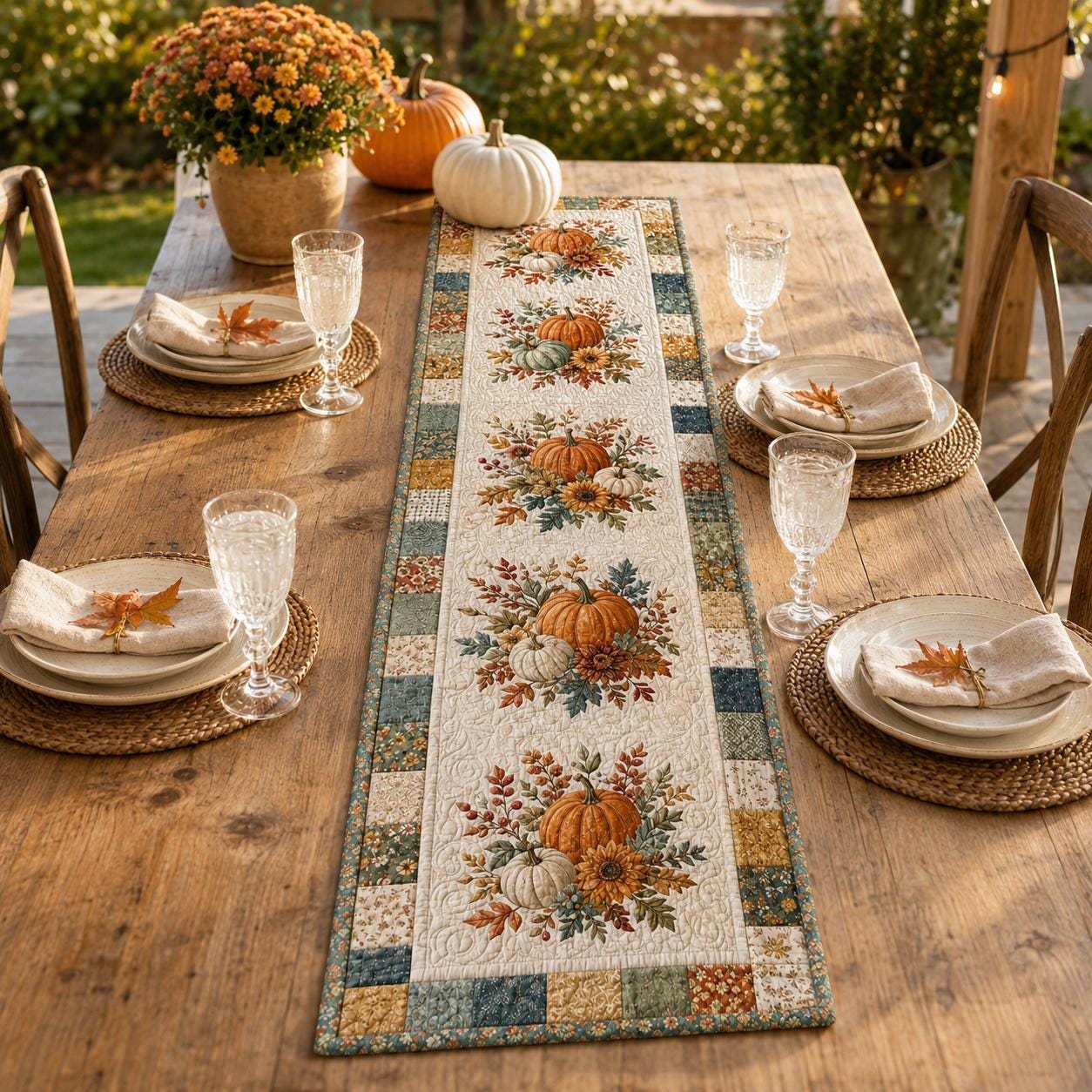 Quilted Style Pumpkin Table Runner for Autumn Harvest Decor, Rustic Farmhouse Thanksgiving Gift - photo 2