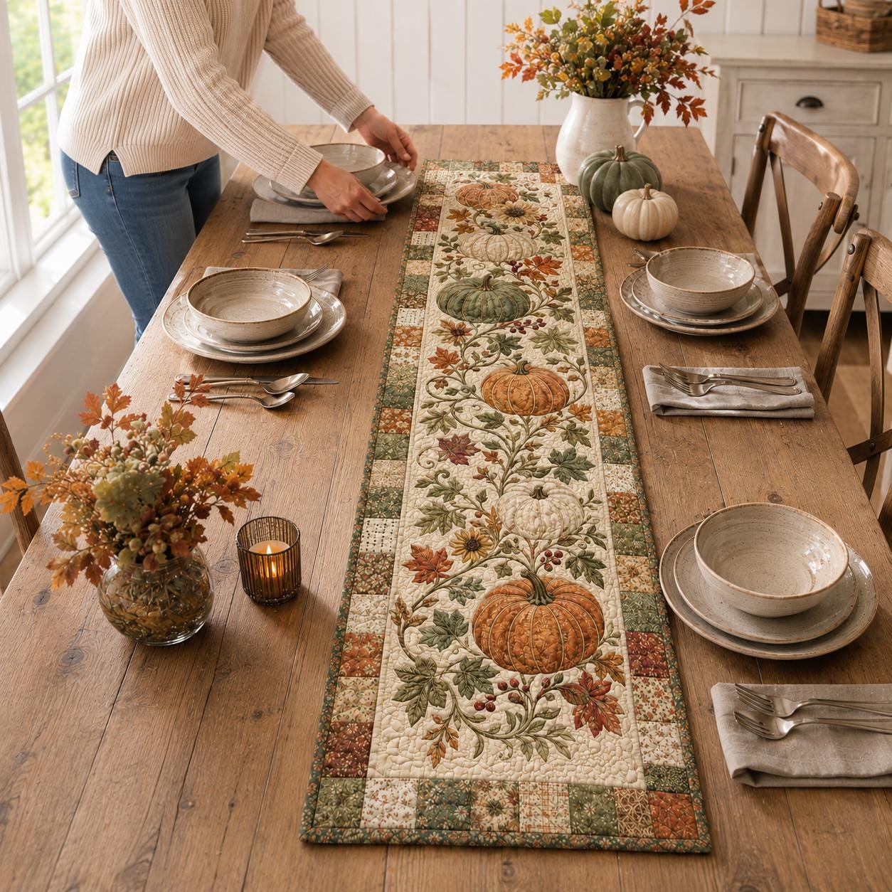 Quilted Style Pumpkin Table Runner for Autumn Harvest Decor, Rustic Farmhouse Thanksgiving Gift - photo 5