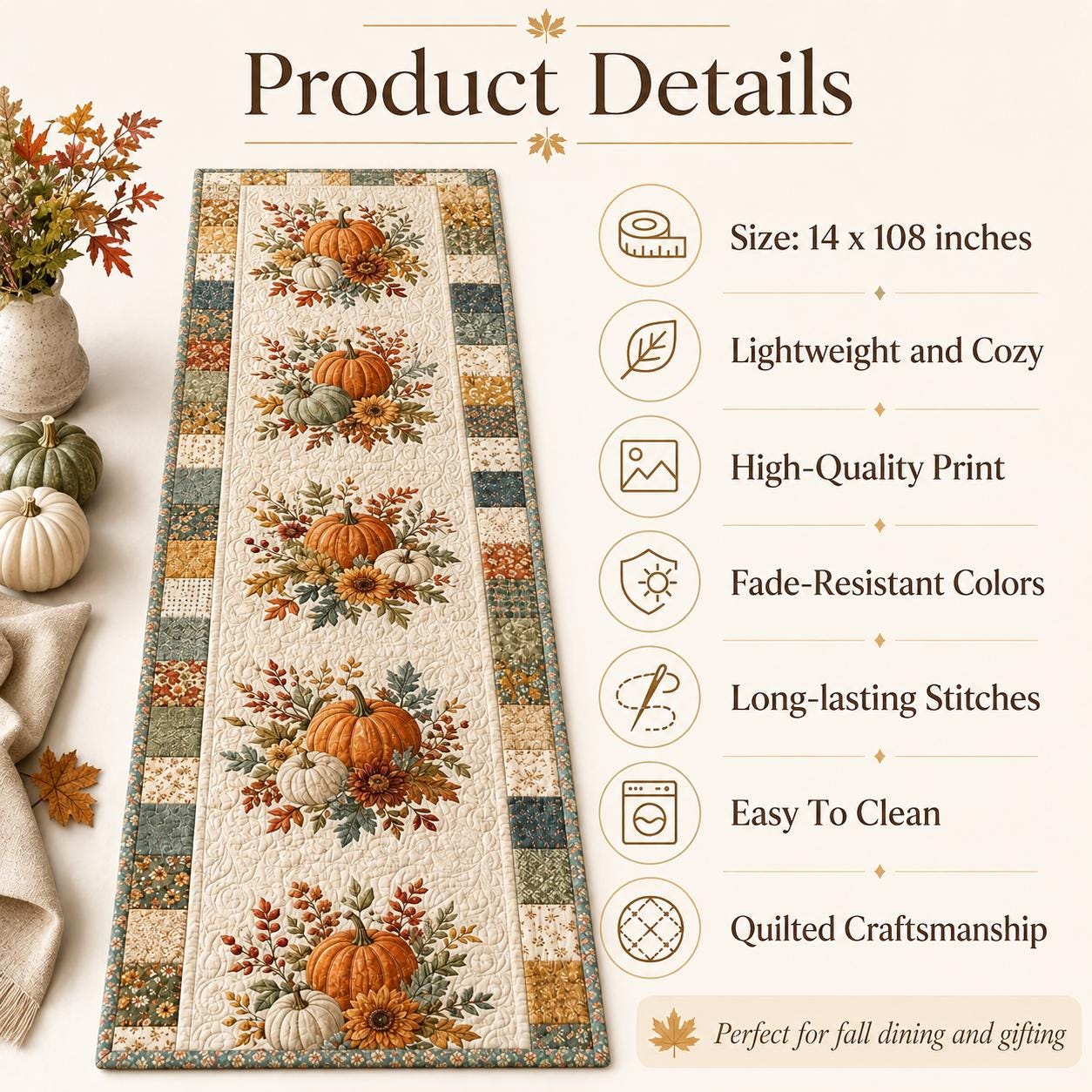 Quilted Style Pumpkin Table Runner for Autumn Harvest Decor, Rustic Farmhouse Thanksgiving Gift - photo 6