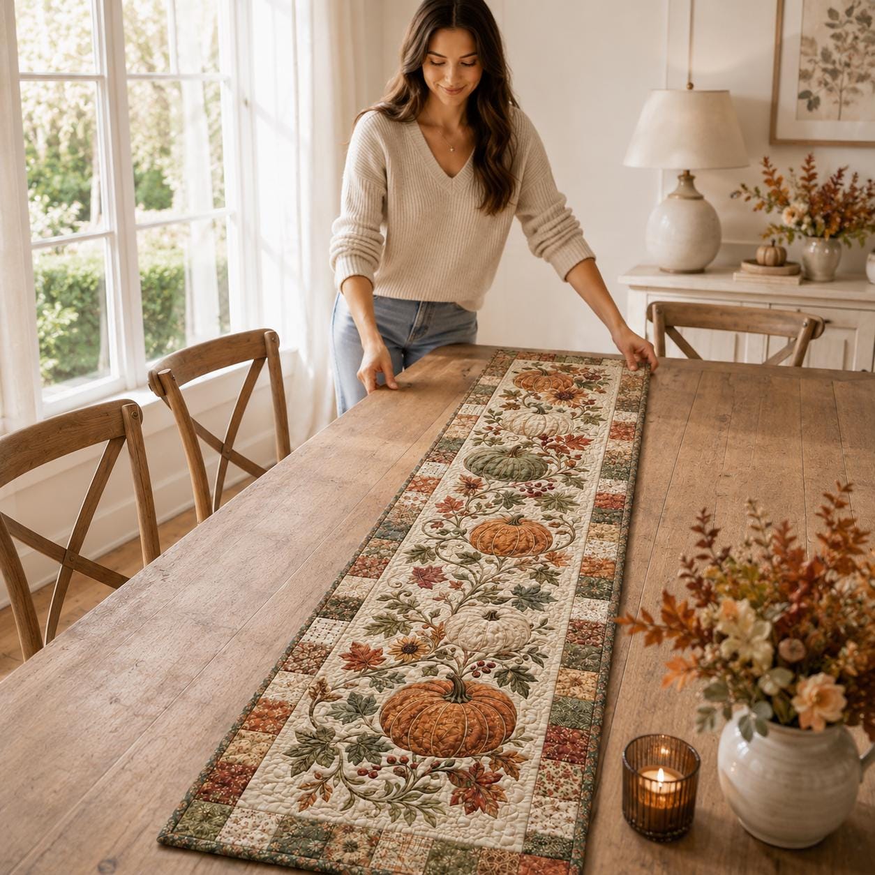 Quilted Style Pumpkin Table Runner for Autumn Harvest Decor, Rustic Farmhouse Thanksgiving Gift - photo 7