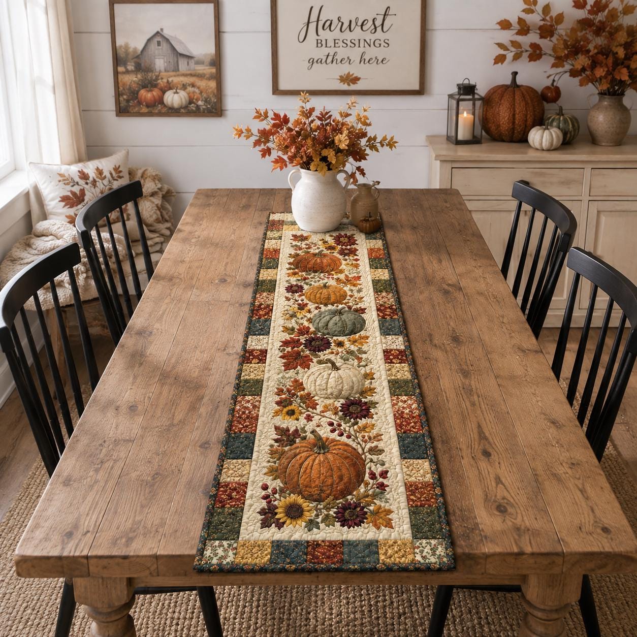 Quilted Style Pumpkin Table Runner for Autumn Harvest Decor, Rustic Farmhouse Thanksgiving Gift - photo 8