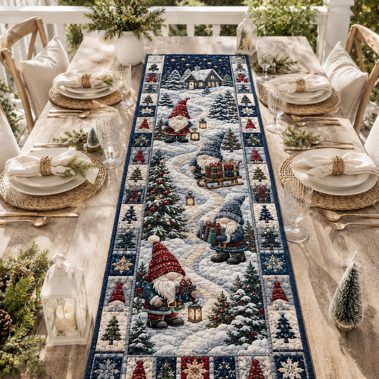 Quilt Style Christmas Gnome and Winter Snow Village Table Runner, Blue Farmhouse Holiday Dining Centerpiece Decor