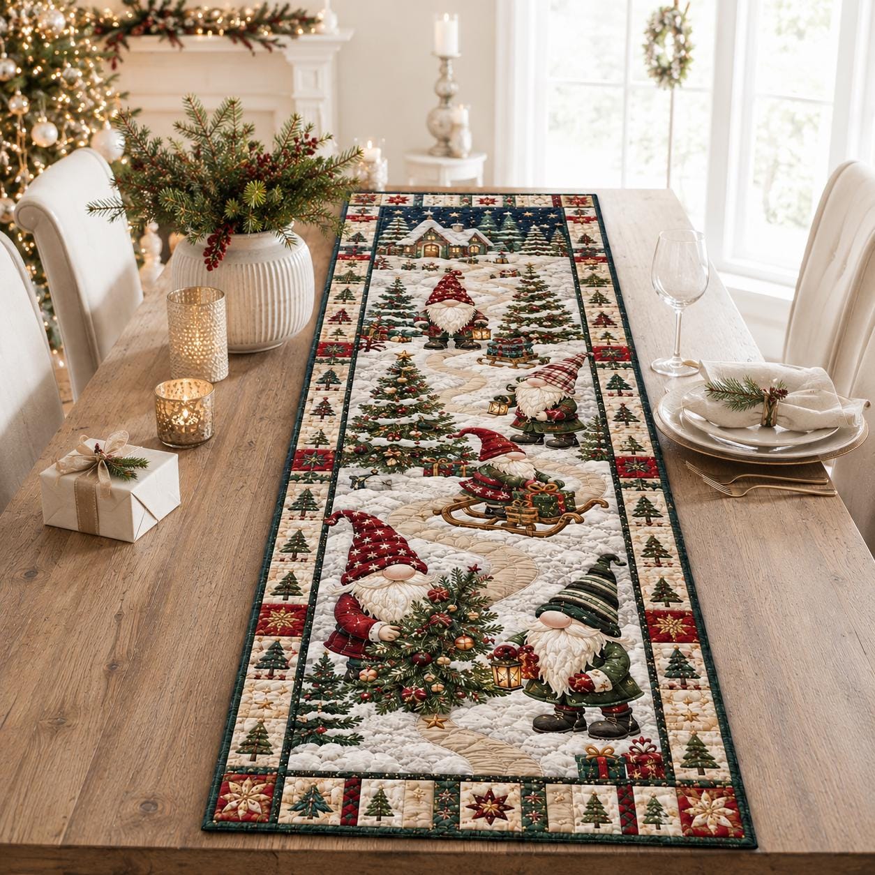 Quilt Style Christmas Gnome and Winter Snow Village Table Runner, Blue Farmhouse Holiday Dining Centerpiece Decor - photo 2