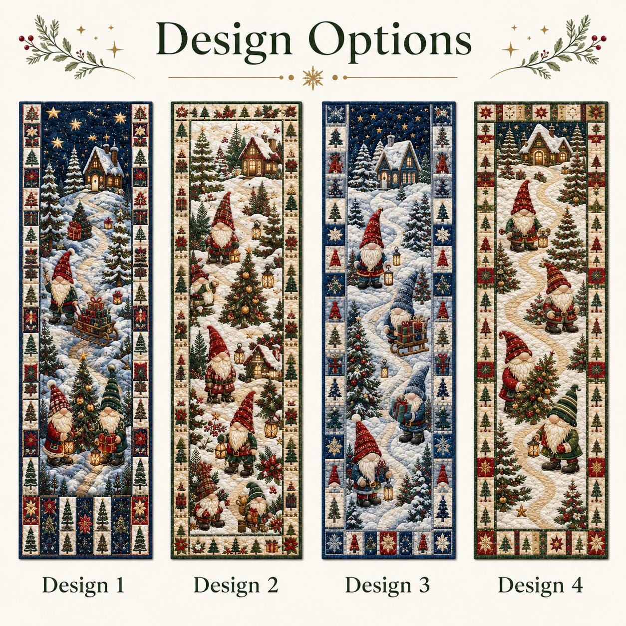 Quilt Style Christmas Gnome and Winter Snow Village Table Runner, Blue Farmhouse Holiday Dining Centerpiece Decor - photo 3
