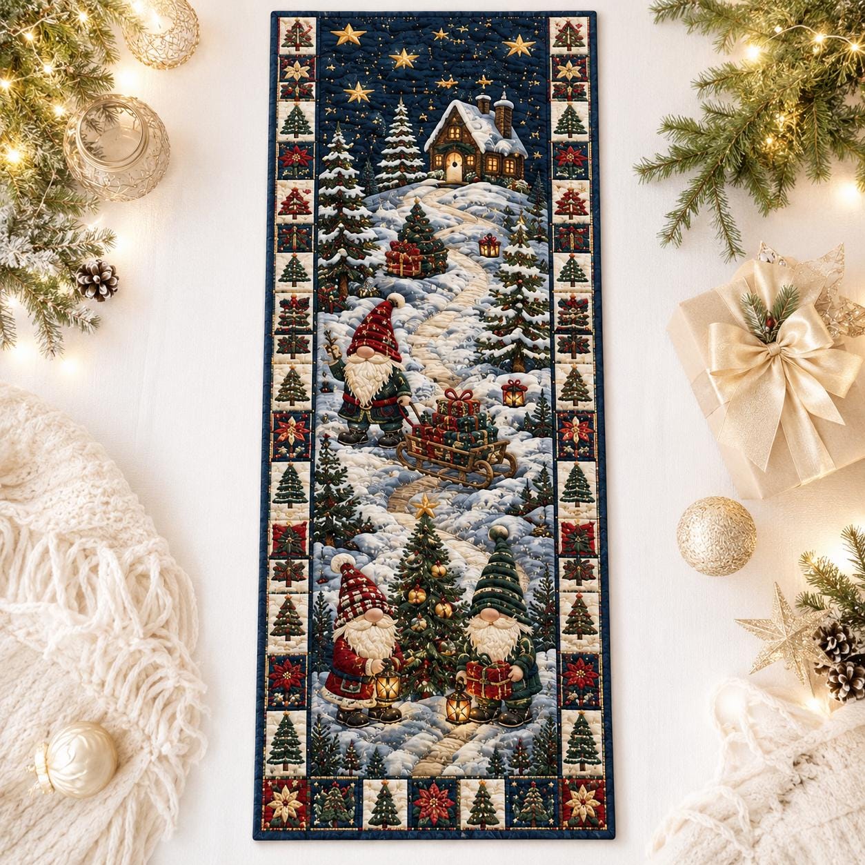 Quilt Style Christmas Gnome and Winter Snow Village Table Runner, Blue Farmhouse Holiday Dining Centerpiece Decor - photo 5